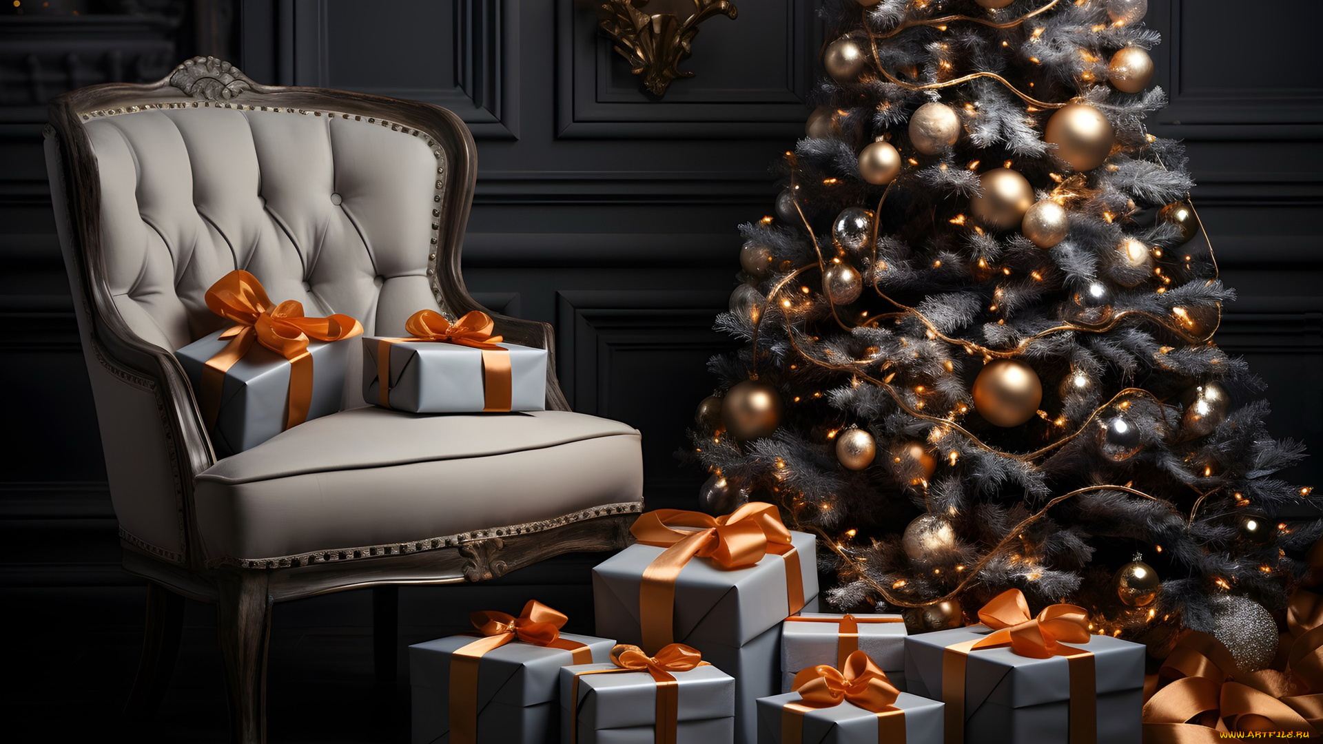 3д, графика, праздники, , holidays, елка, шарики, свечи, кресло, подарки