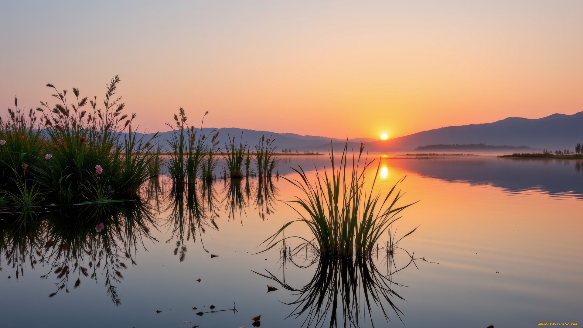 автор, wp, stl, 3д, графика, природа, , nature, горы, река, закат, камыши