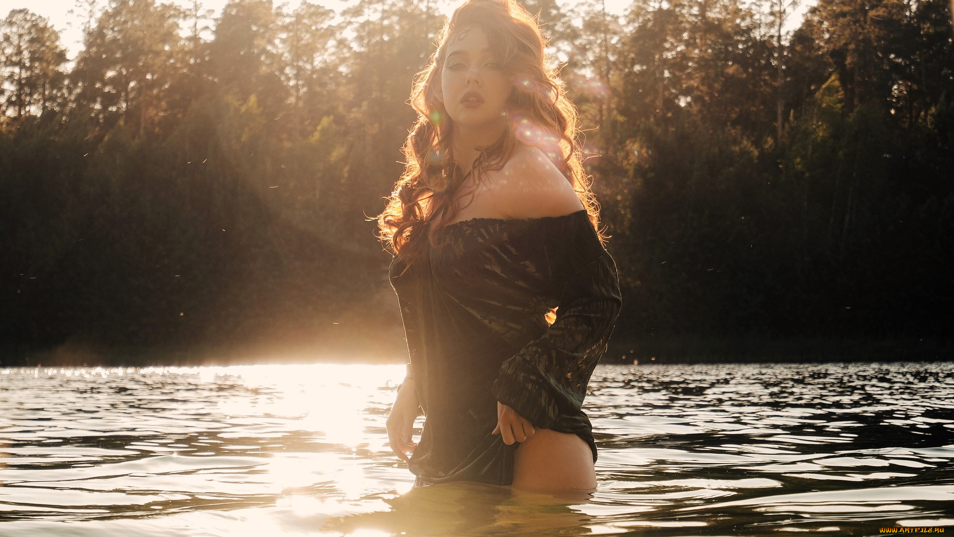 девушки, -, рыжеволосые, и, разноцветные, рыжая, платье, озеро, деревья