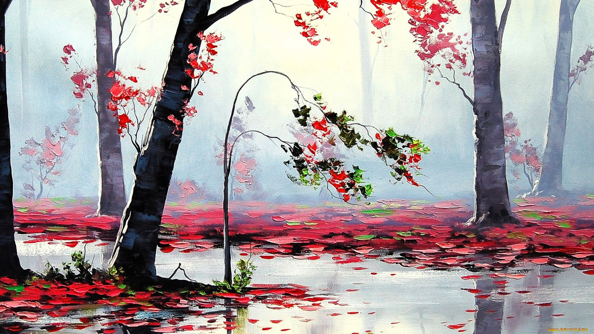 рисованное, живопись, лес, деревья, листья, лужи, осень