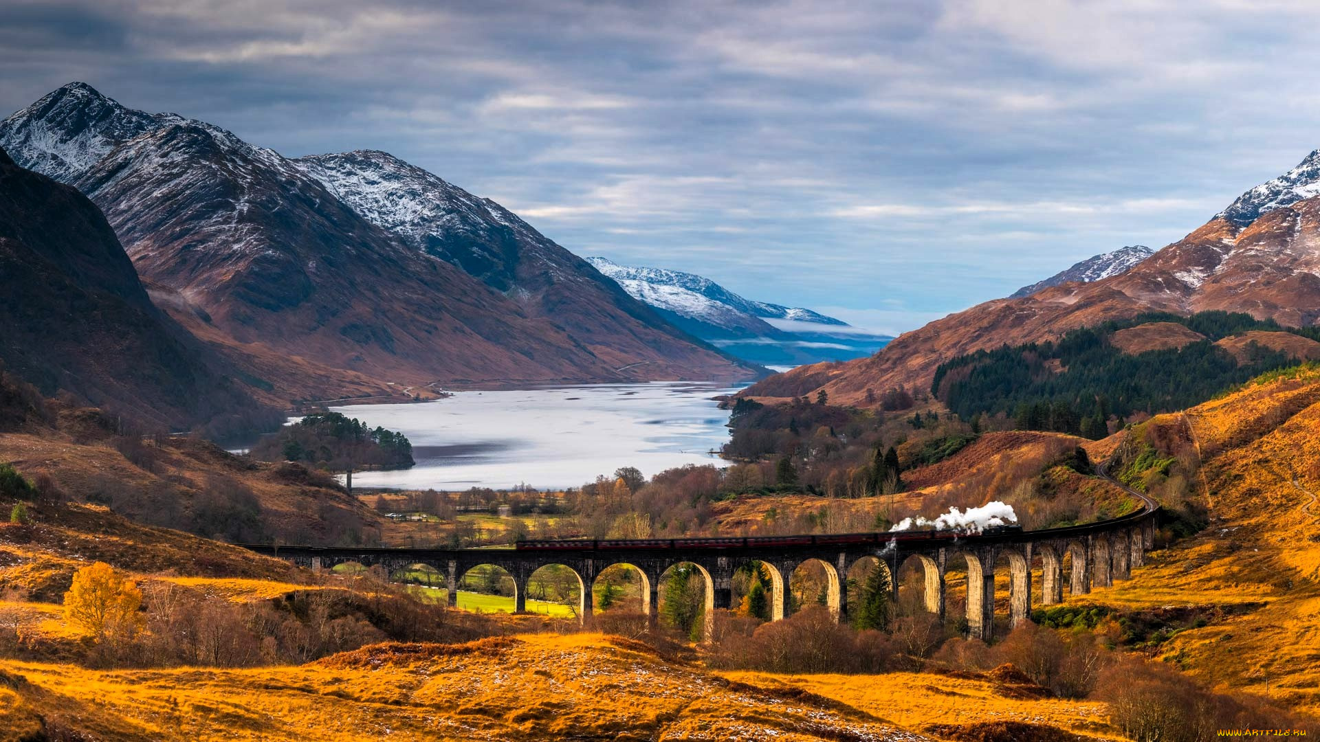 техника, поезда, поезд, мост, виадук, горы, лес, осень, озеро