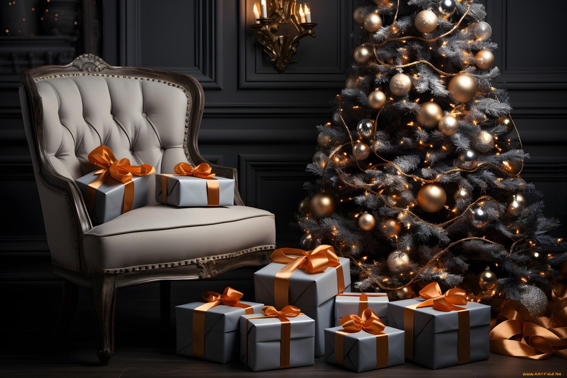 3д, графика, праздники, , holidays, елка, шарики, свечи, кресло, подарки
