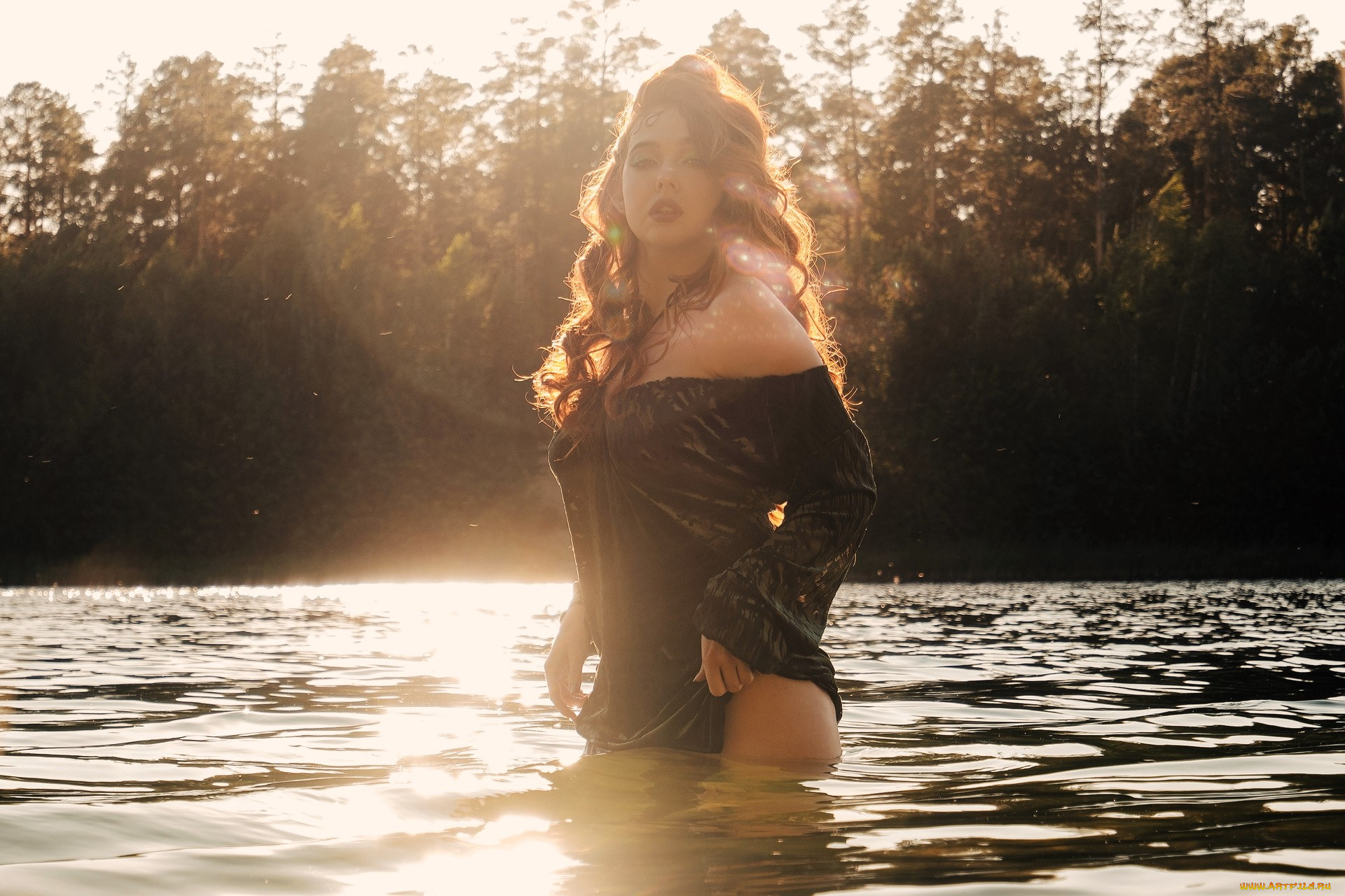 девушки, -, рыжеволосые, и, разноцветные, рыжая, платье, озеро, деревья