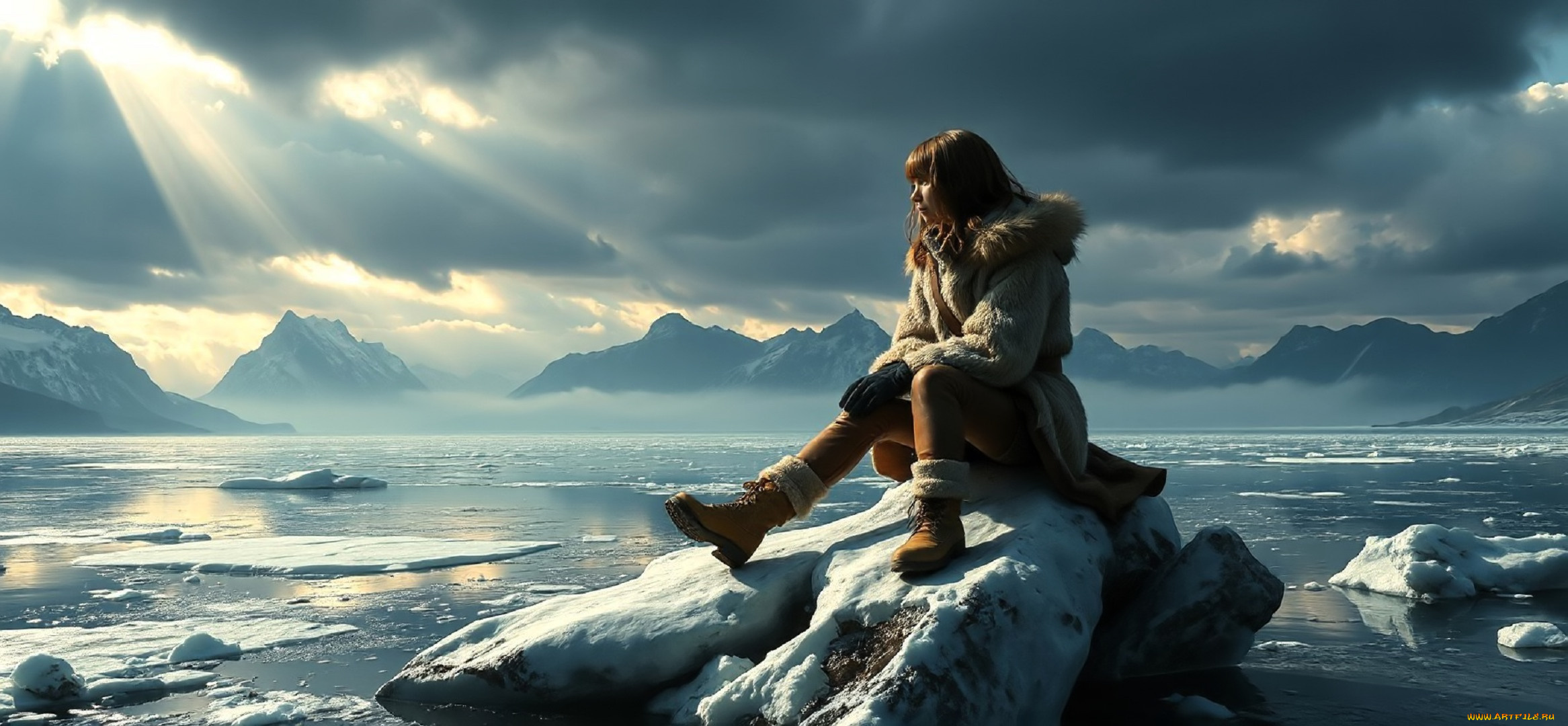 3д, графика, люди, , people, девушка, шуба, штаны, сапоги, озеро, горы, лед, снег, зима