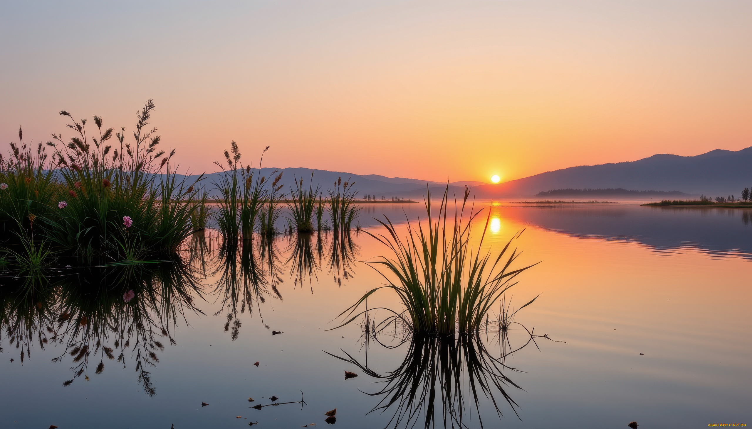 автор, wp, stl, 3д, графика, природа, , nature, горы, река, закат, камыши