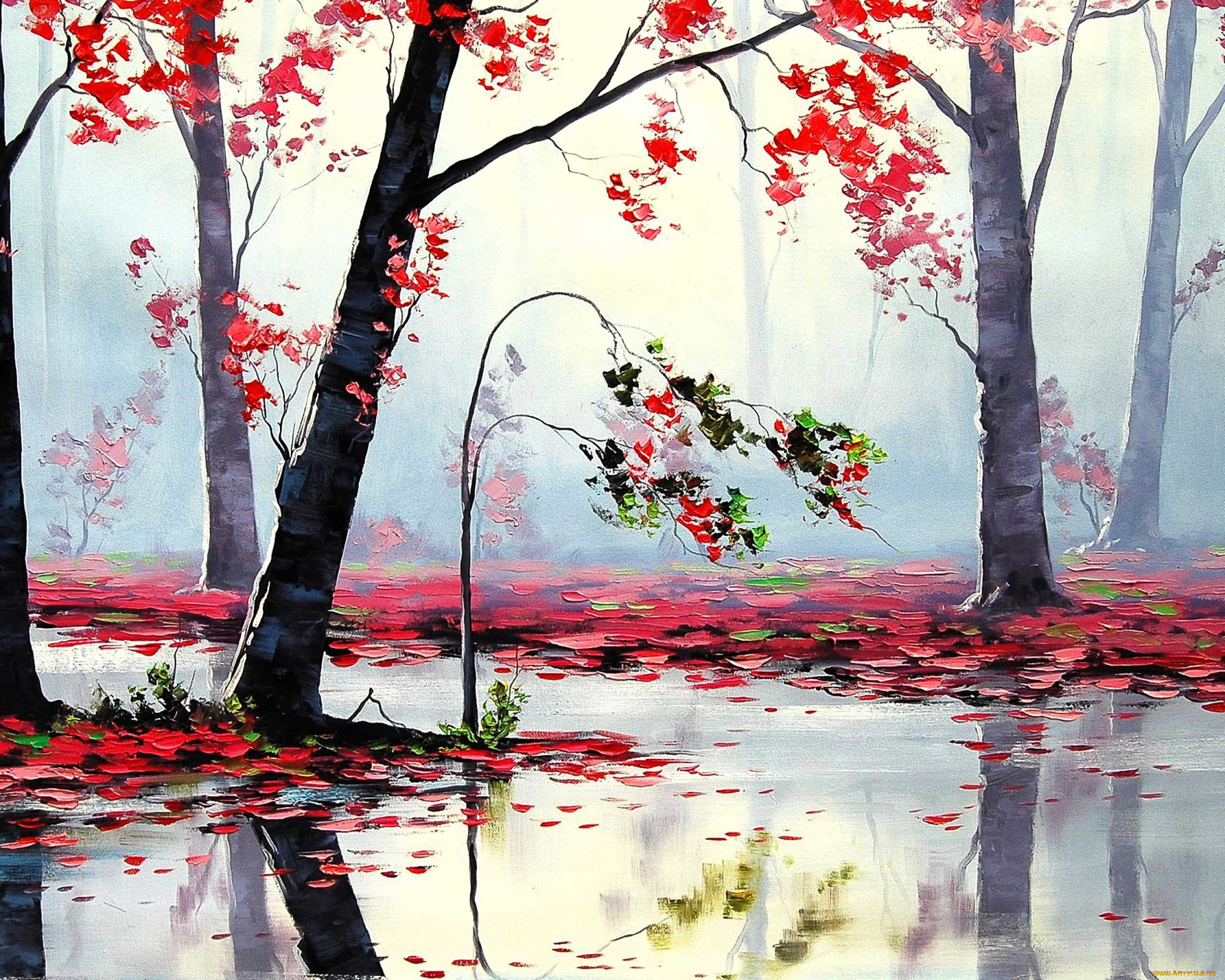 рисованное, живопись, лес, деревья, листья, лужи, осень