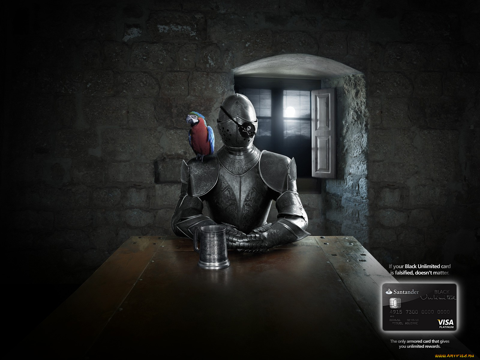 бренды, visa, кружка, попугай, рыцарь