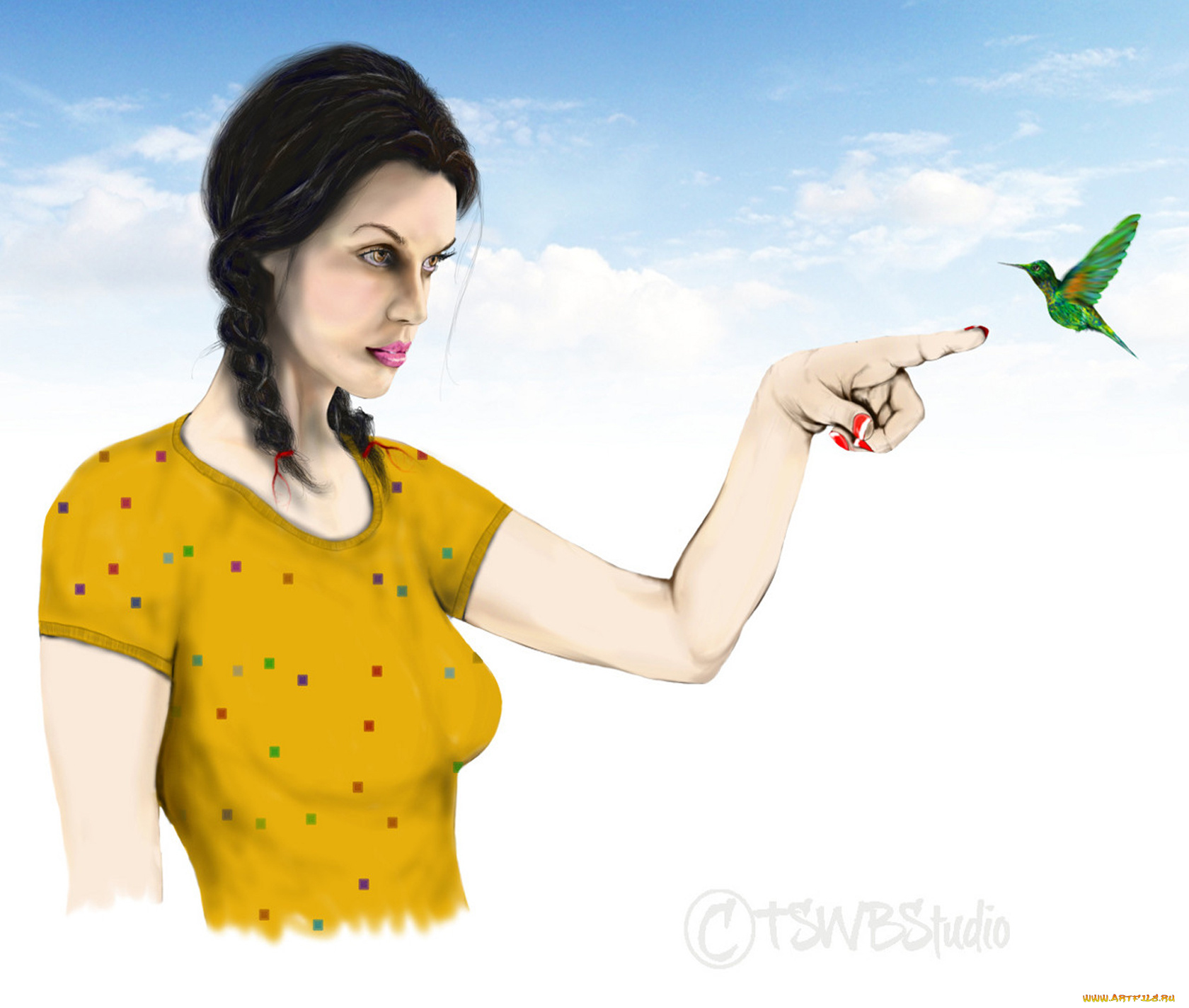 рисованные, люди, девушка, колибри