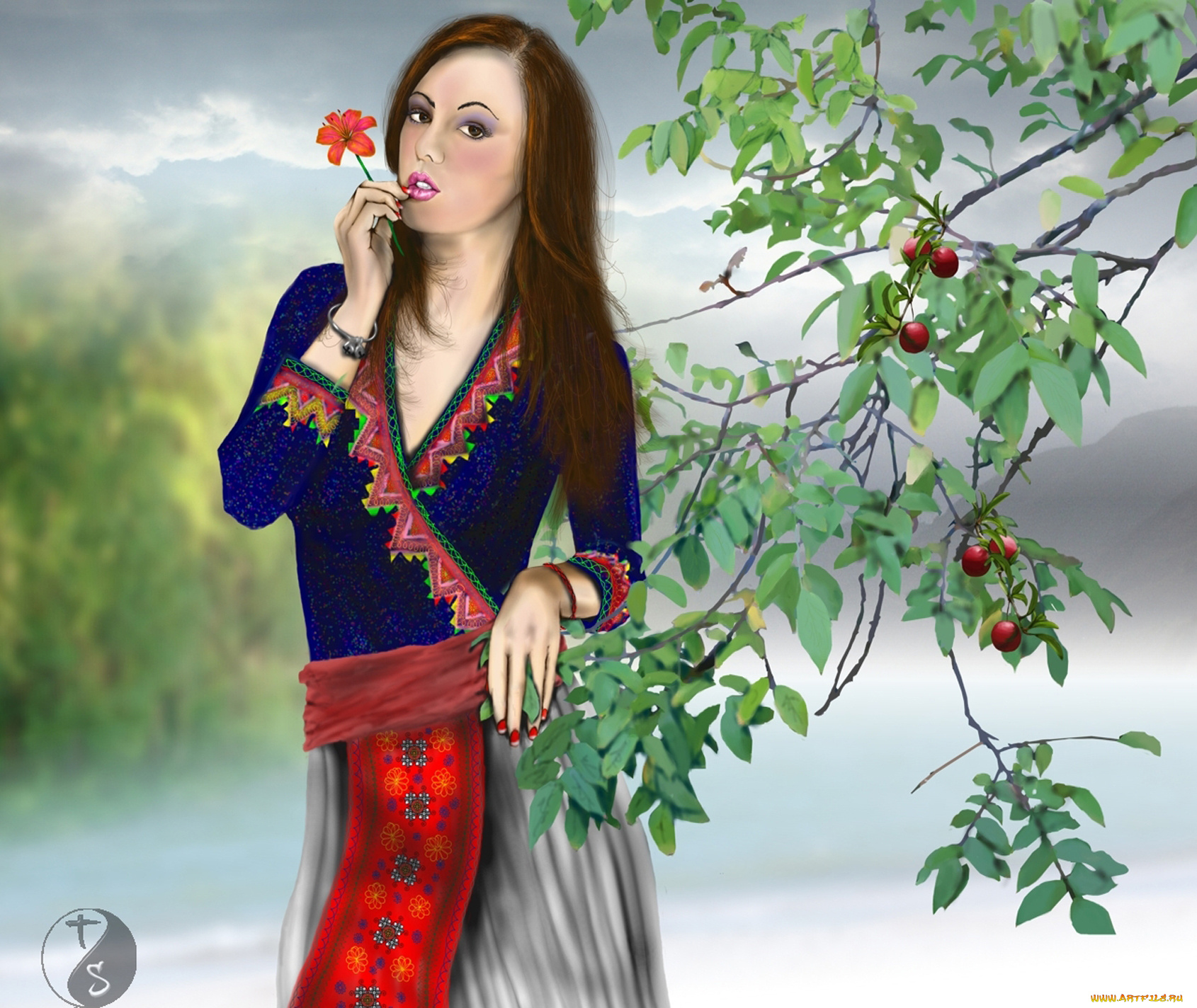 рисованные, люди, цветок, ветка, девушка