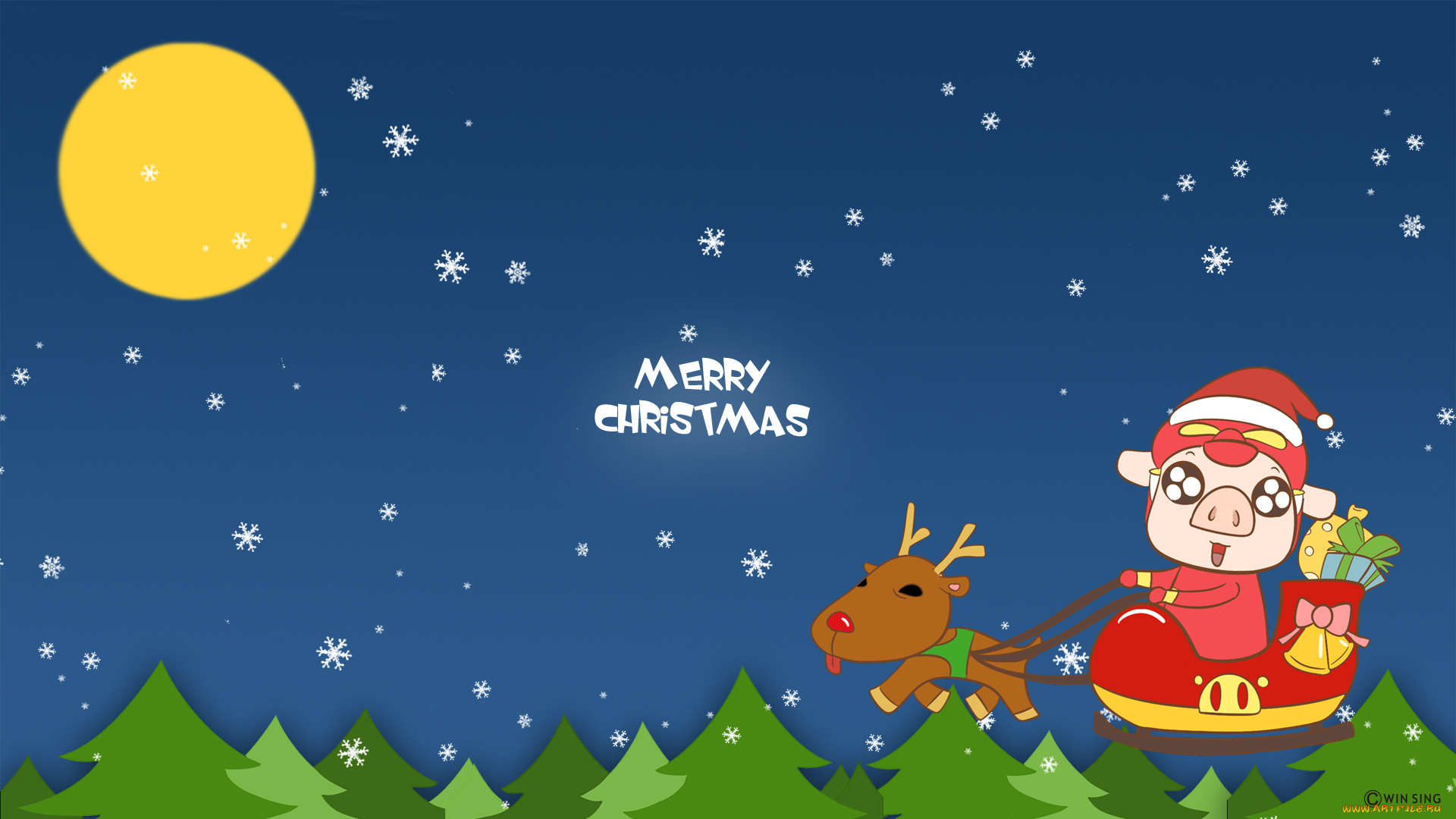 праздничные, векторная, графика, новый, год, снежинки, луна