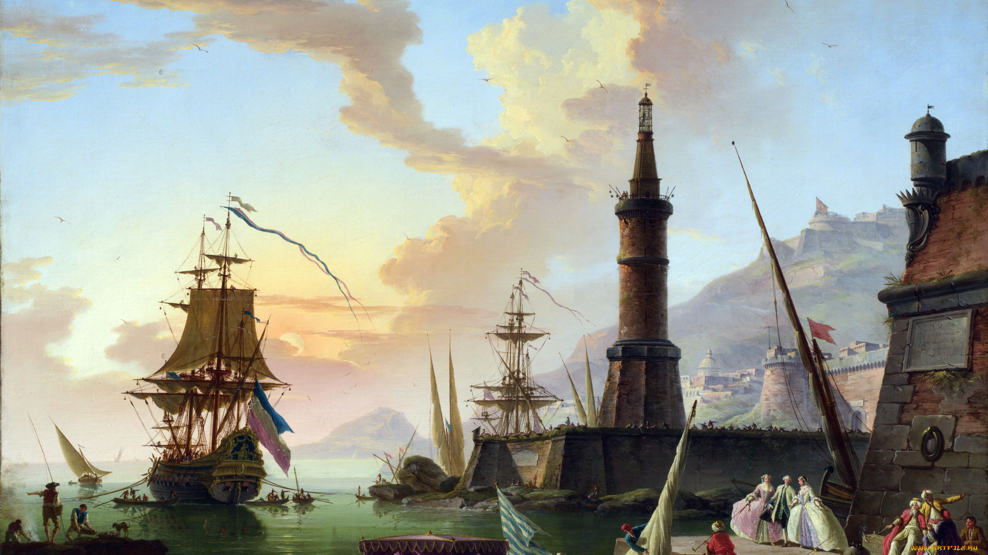 рисованные, живопись, порт, пристань, маяк, парусник, a, seaport, claude-joseph, vernet
