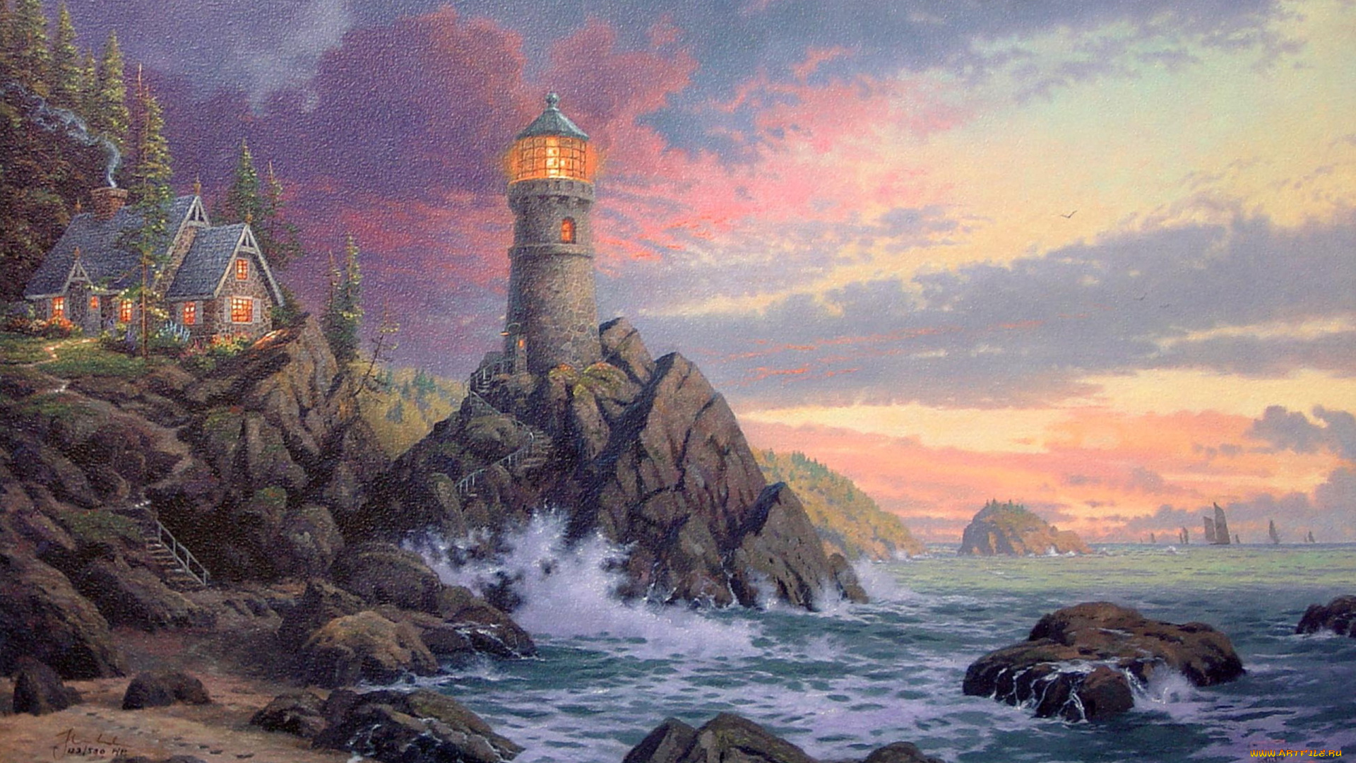 thomas, kinkade, рисованные, море, побережье, маяк