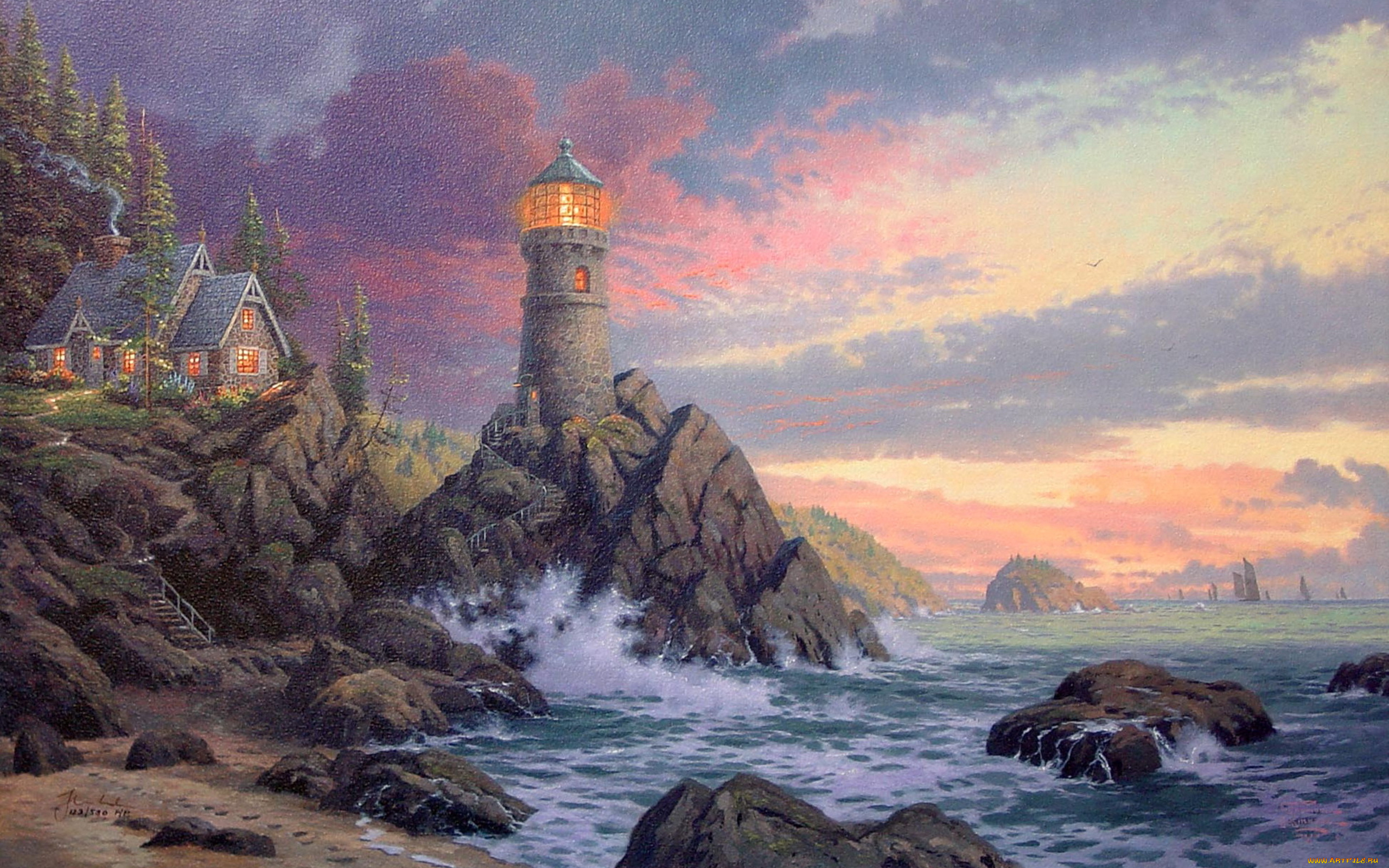 thomas, kinkade, рисованные, море, побережье, маяк
