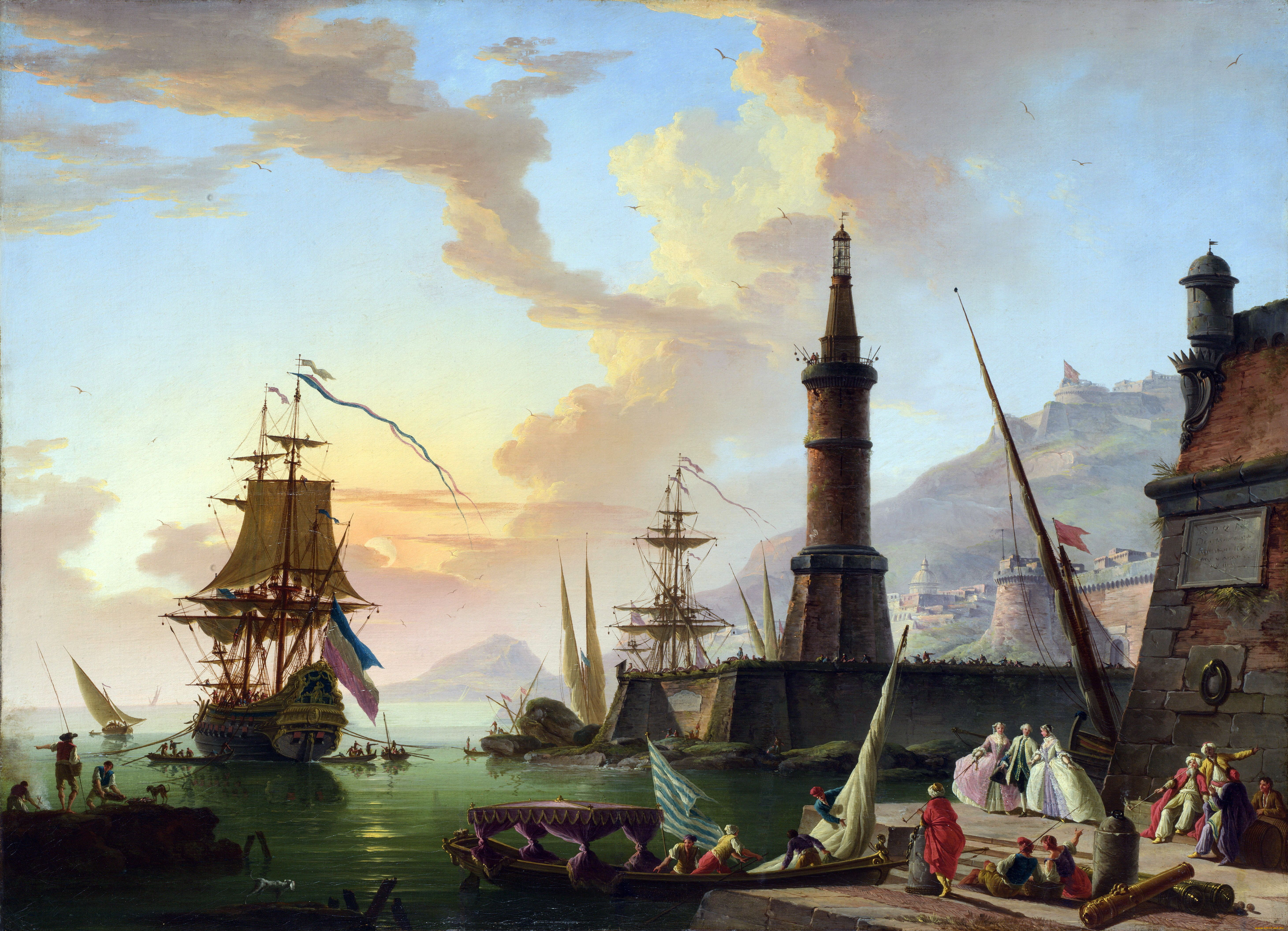 рисованные, живопись, порт, пристань, маяк, парусник, a, seaport, claude-joseph, vernet