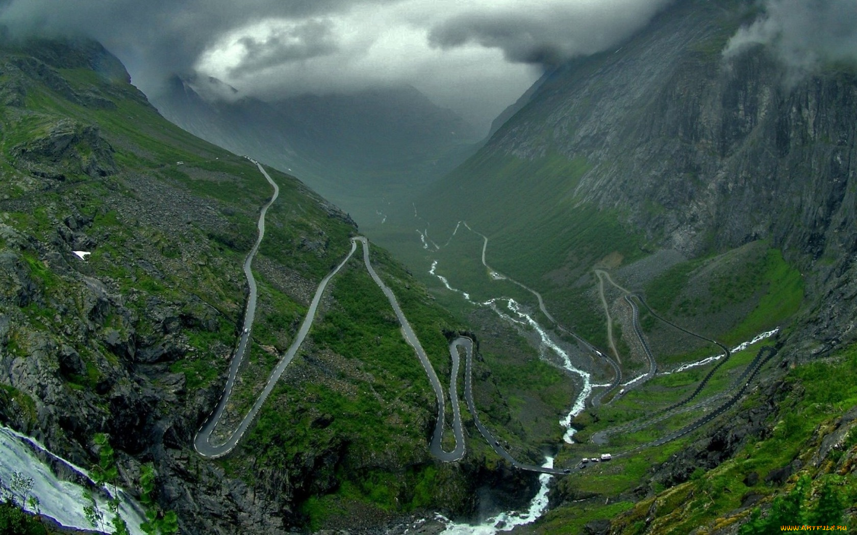 горная, дорога, природа, горы, река, серпантин