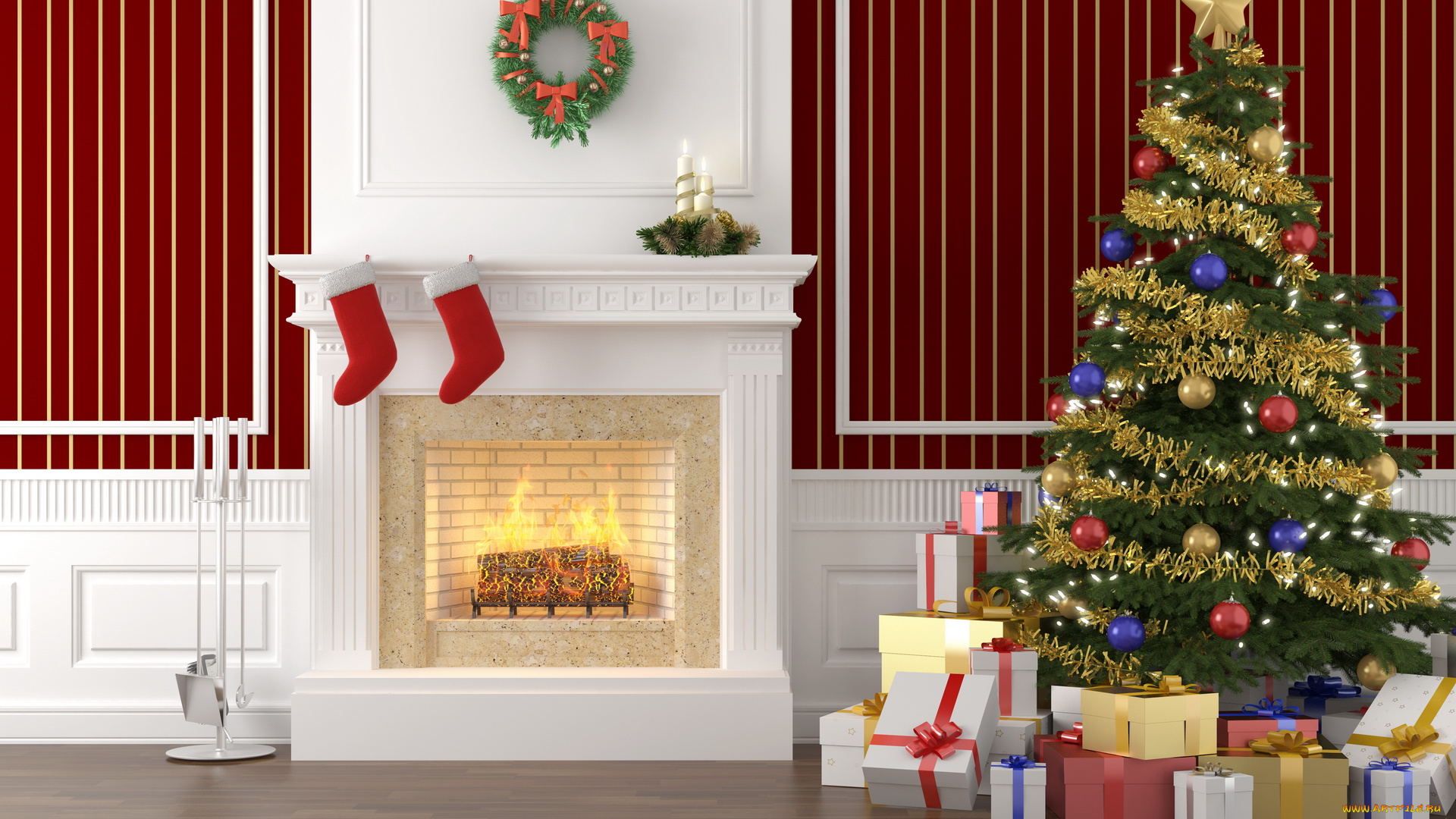 праздничные, новогодний, очаг, камин, ёлка, подарки