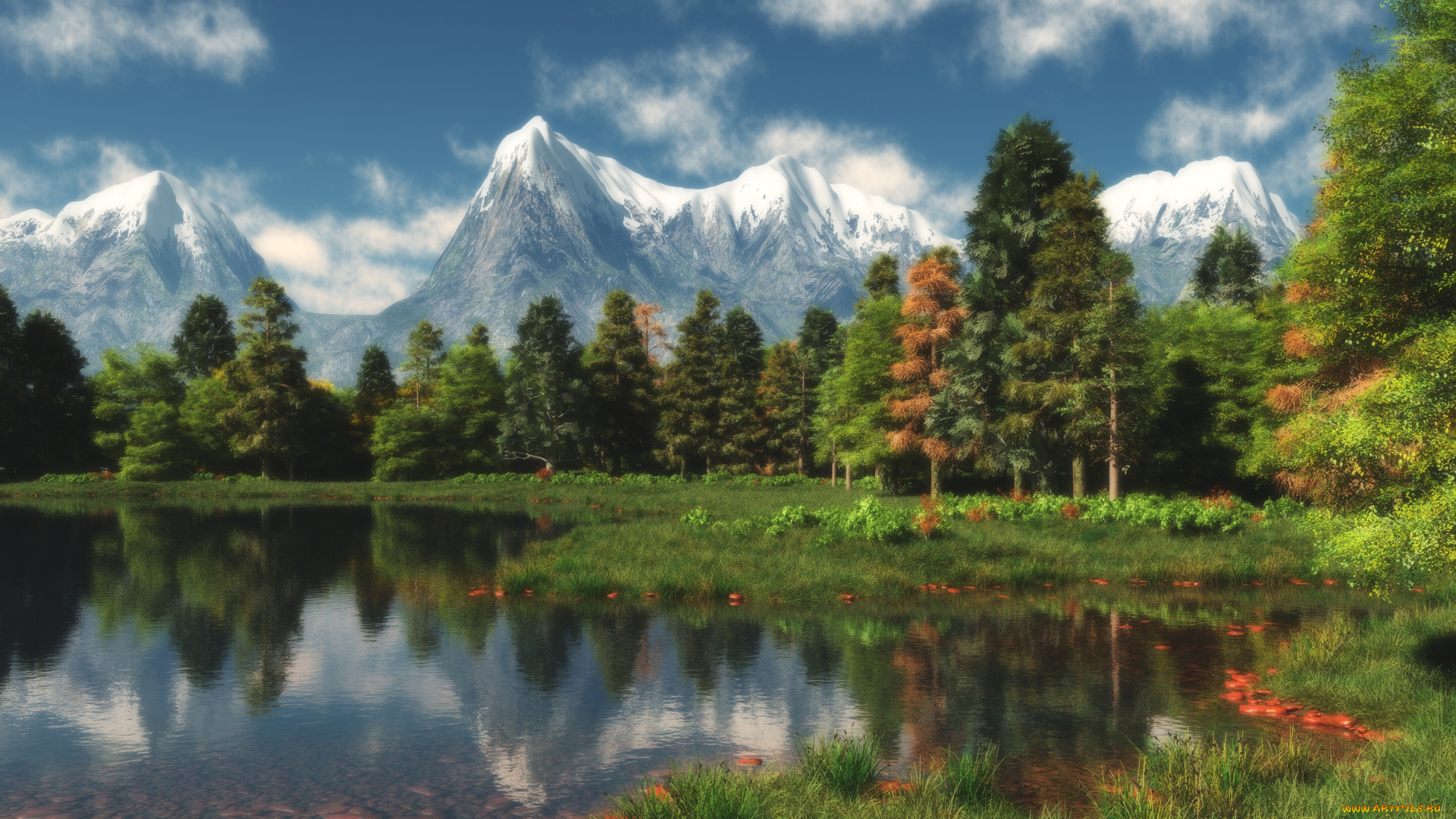 3д, графика, nature, landscape, , природа, деревья, озеро, горы, пейзаж, лес