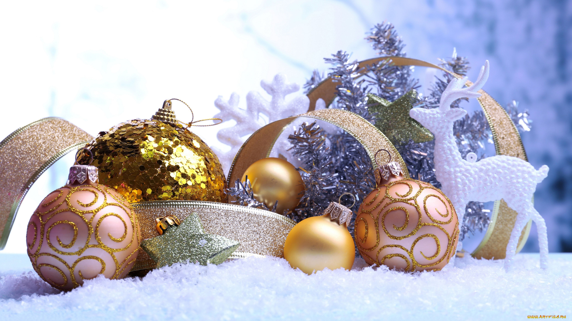праздничные, шарики, олень, снег, тесьма, фигурка