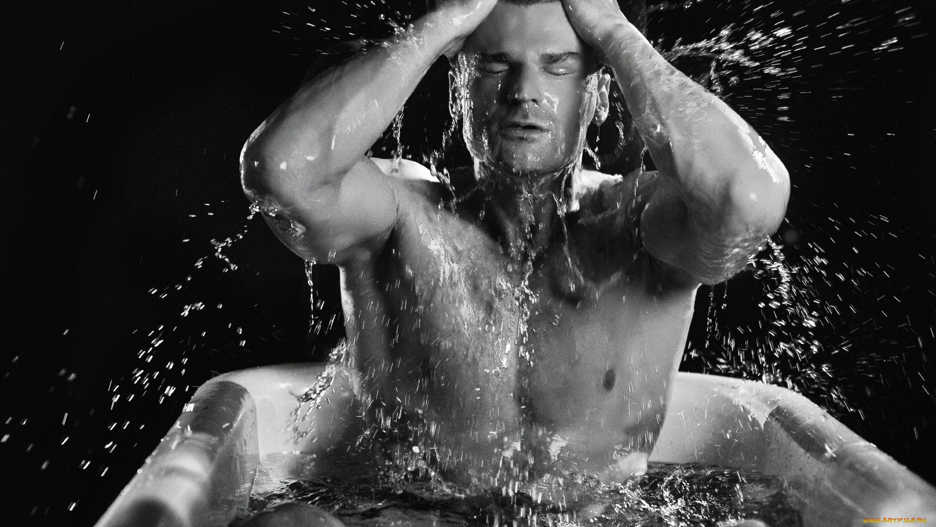 stephen, dunlevy, мужчины, ванна, вода, брызги, чёрно-белая