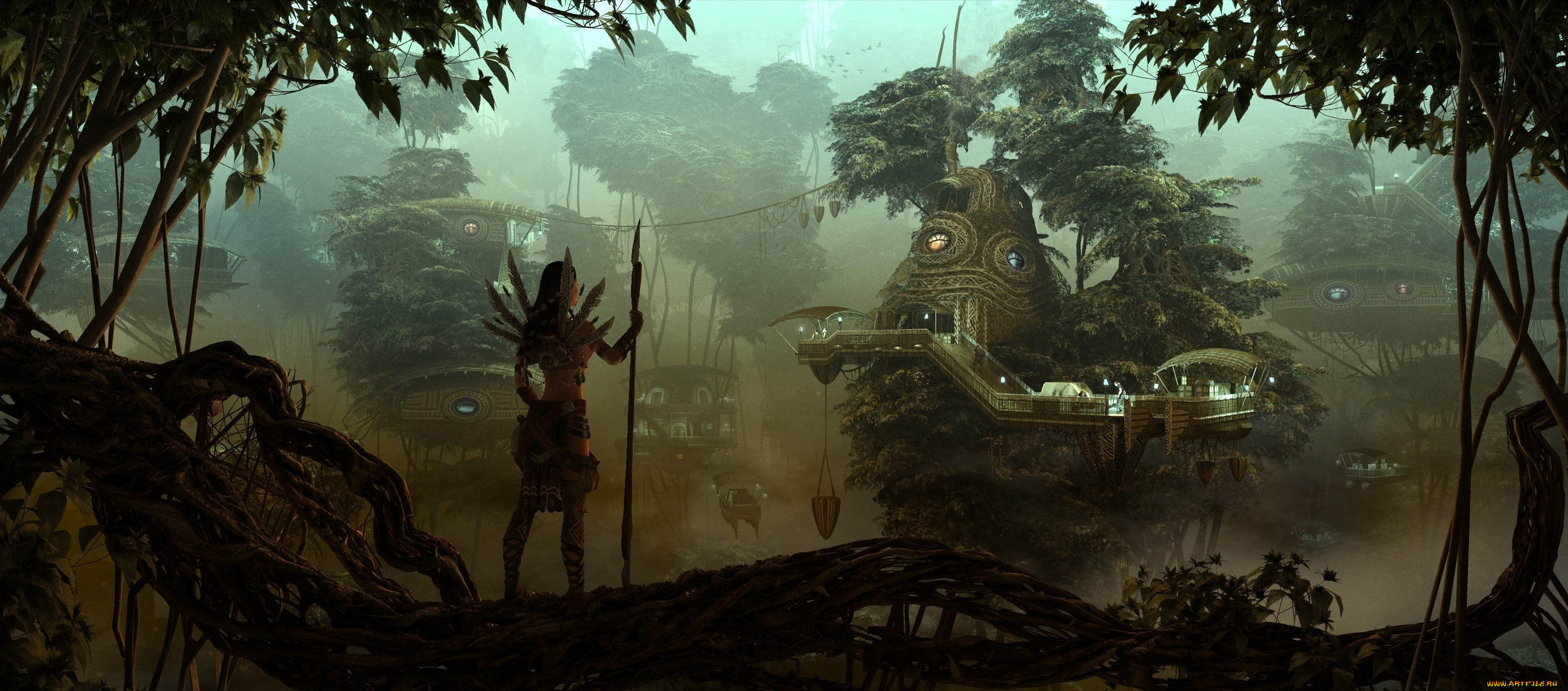3д, графика, fantasy, , фантазия, жилища, лес, деревья, копье