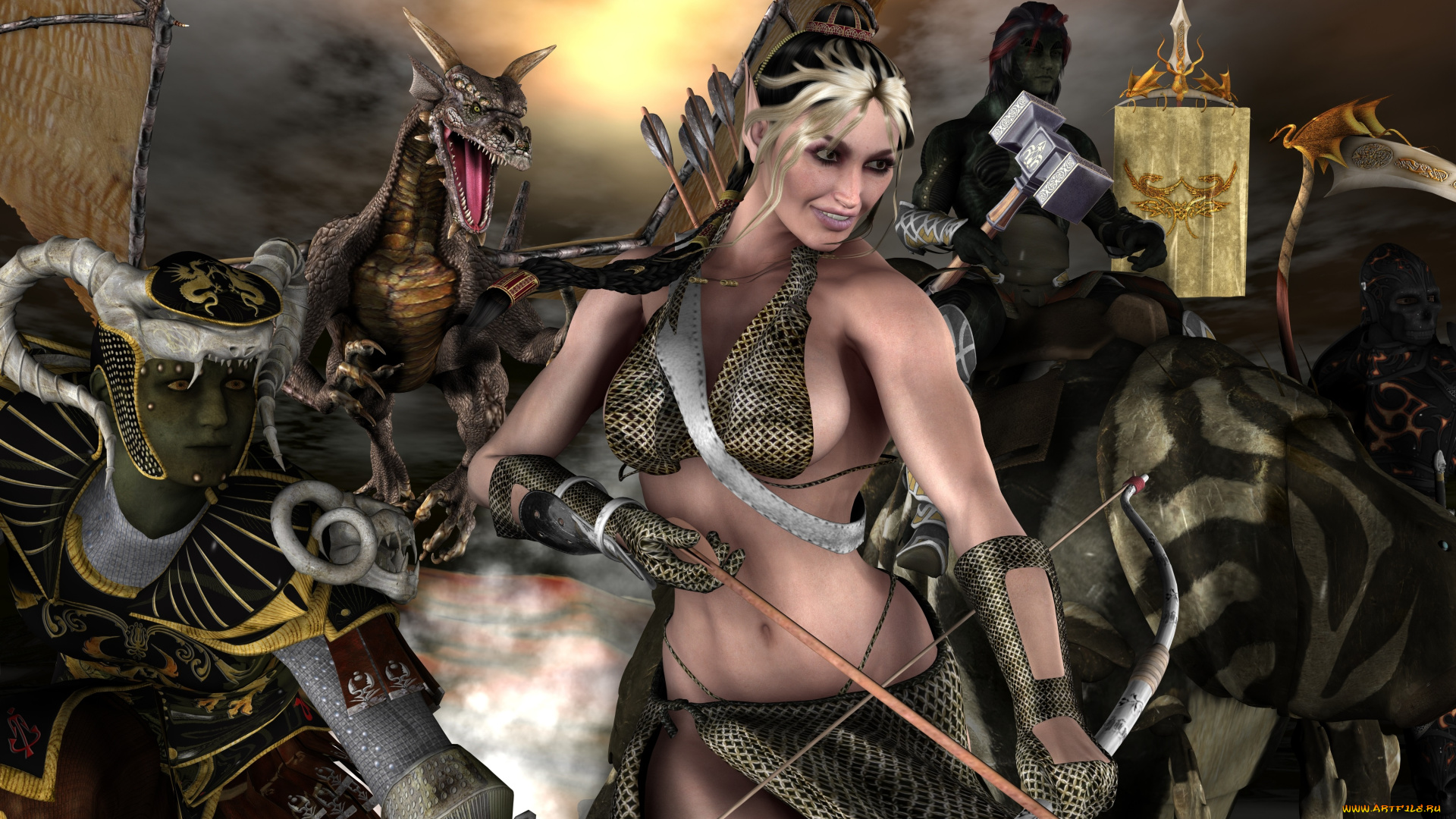 3д, графика, эльфы, , elves, драконы, эльфийки, оружие, фон, взгляд