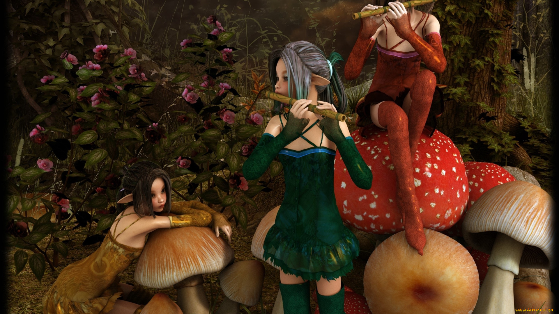 3д, графика, эльфы, , elves, эльфийки, дудки, грибы, цветы