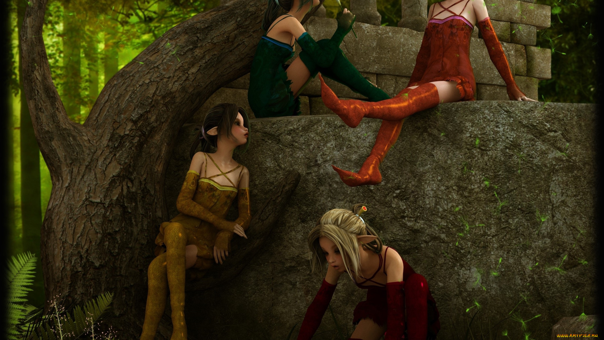 3д, графика, эльфы, , elves, камни, дерево, фон, взгляд, эльфийки, строение