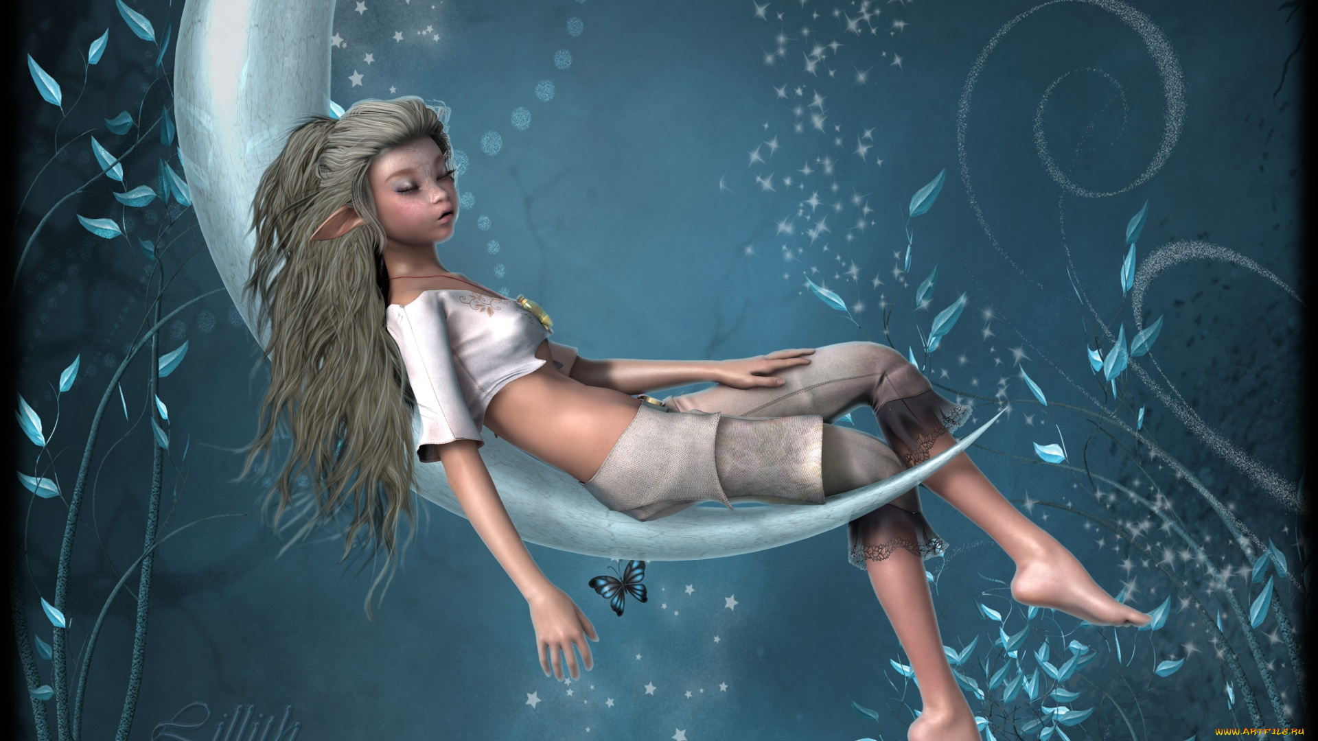 3д, графика, эльфы, , elves, луна, сон, элфийка