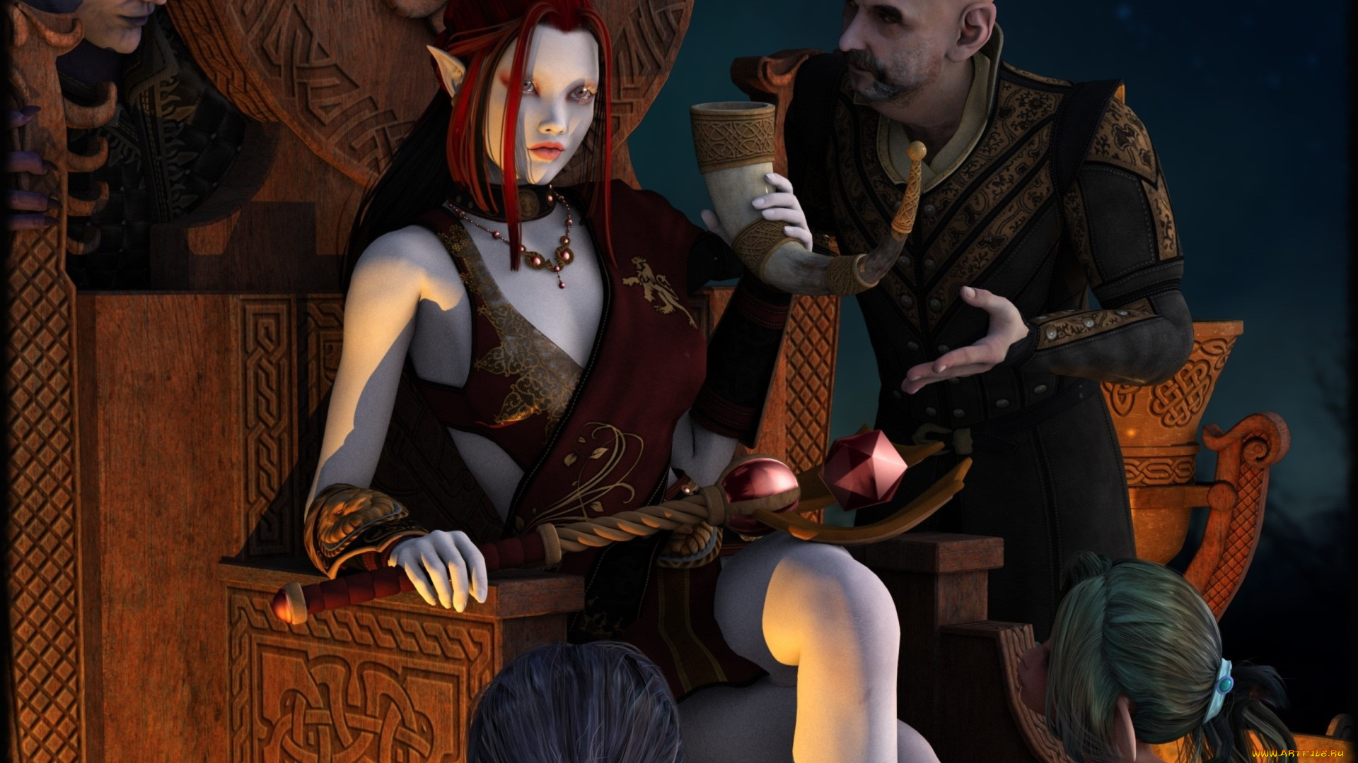 3д, графика, эльфы, , elves, взгляд, эльфийка, мужчина, рог, кресло, фон