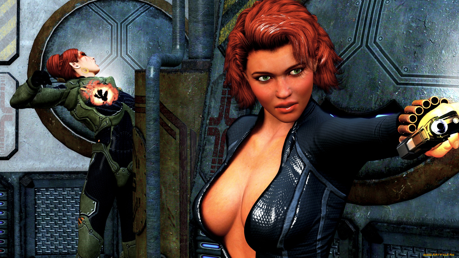 3д, графика, фантазия, , fantasy, фон, взгляд, девушки, рыжая, оружие