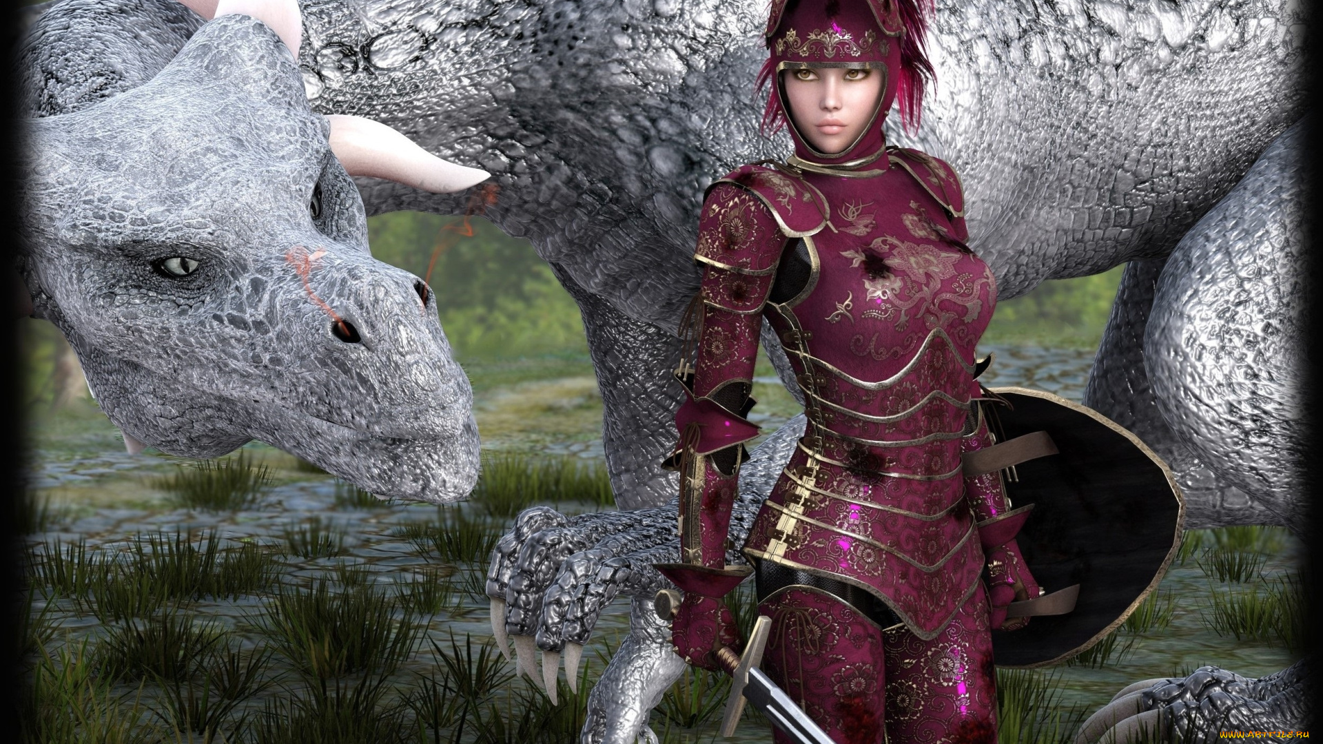 3д, графика, фантазия, , fantasy, фон, взгляд, девушка, дракон, меч