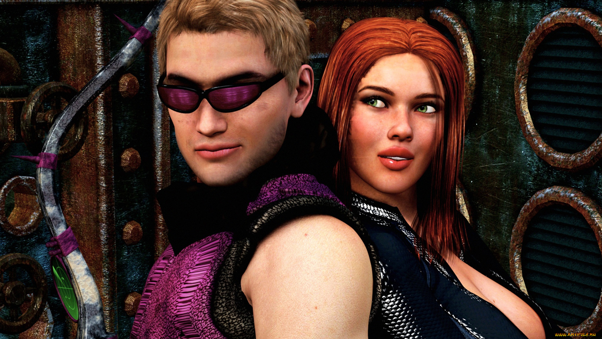 3д, графика, фантазия, , fantasy, мужчина, девушка, улыбка, взгляд, фон, рыжая