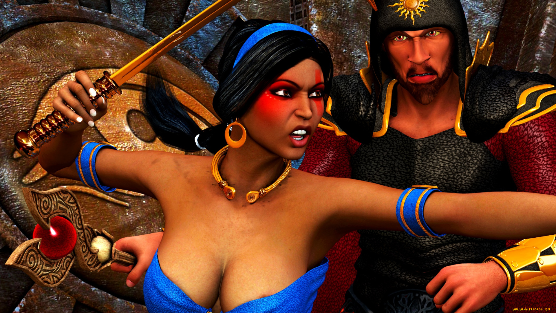 3д, графика, фантазия, , fantasy, мужчина, взгляд, девушка, оружие, фон