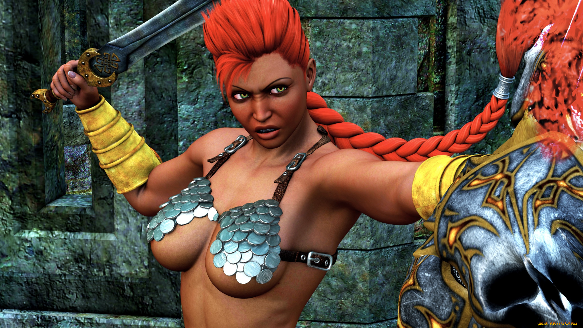 3д, графика, фантазия, , fantasy, взгляд, девушка, фон, существа, косичка, рыжая, оружие