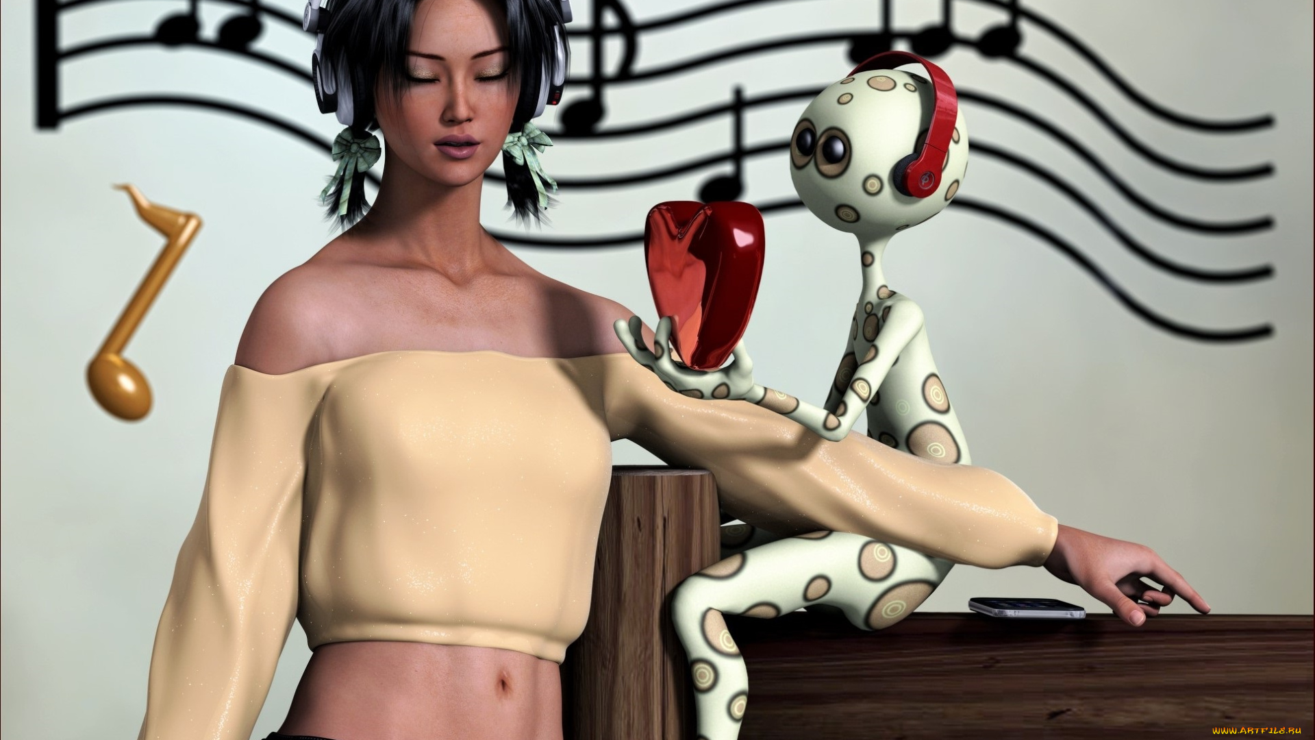 3д, графика, люди, , people, фон, взгляд, девушка, ноты, наушники