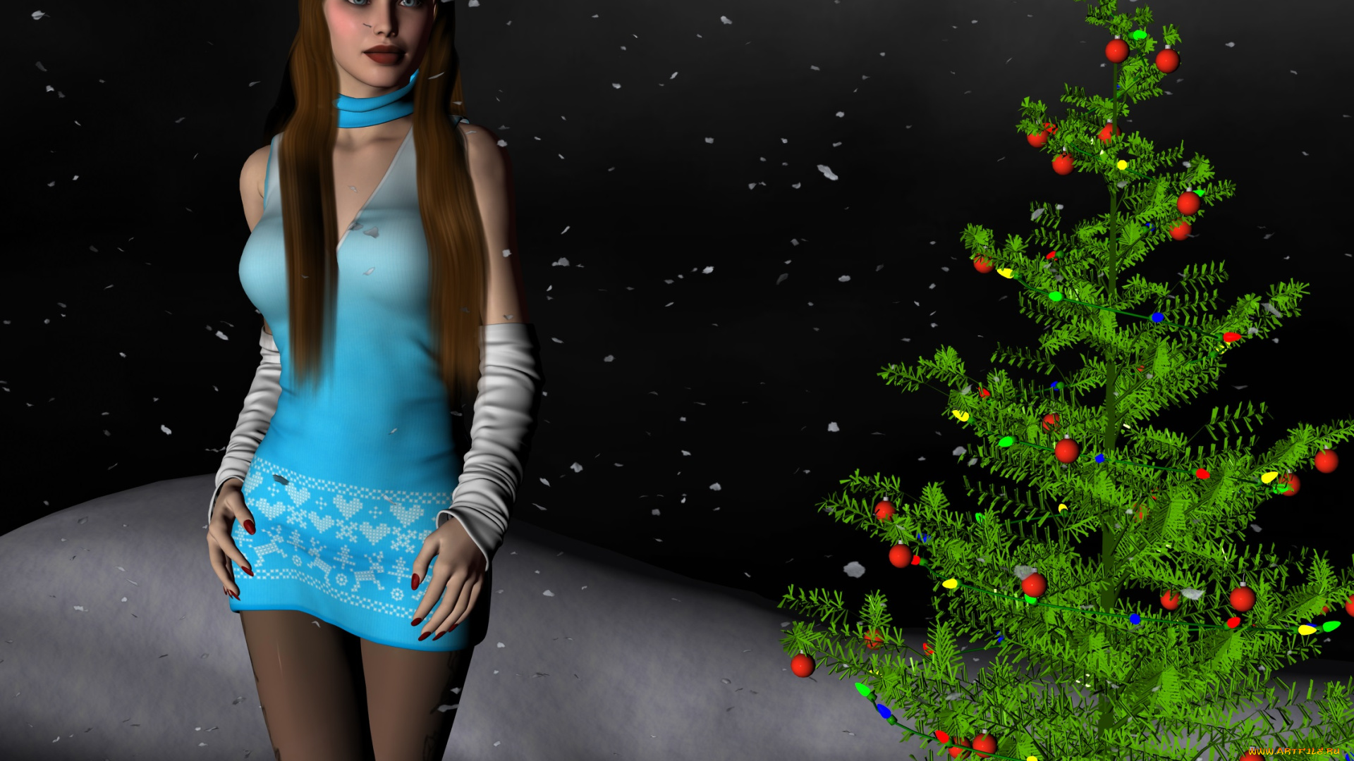 3д, графика, праздники, , holidays, девушка, елка, фон, взгляд