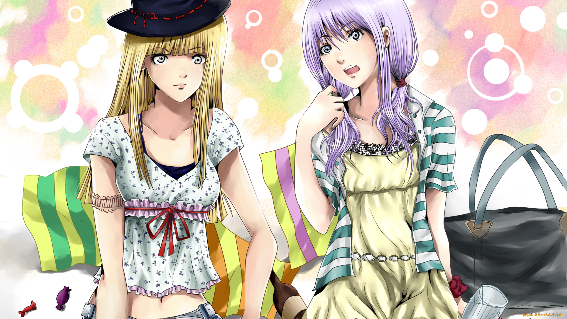 аниме, unknown, , другое, девушки, шляпа, конфеты, сумка