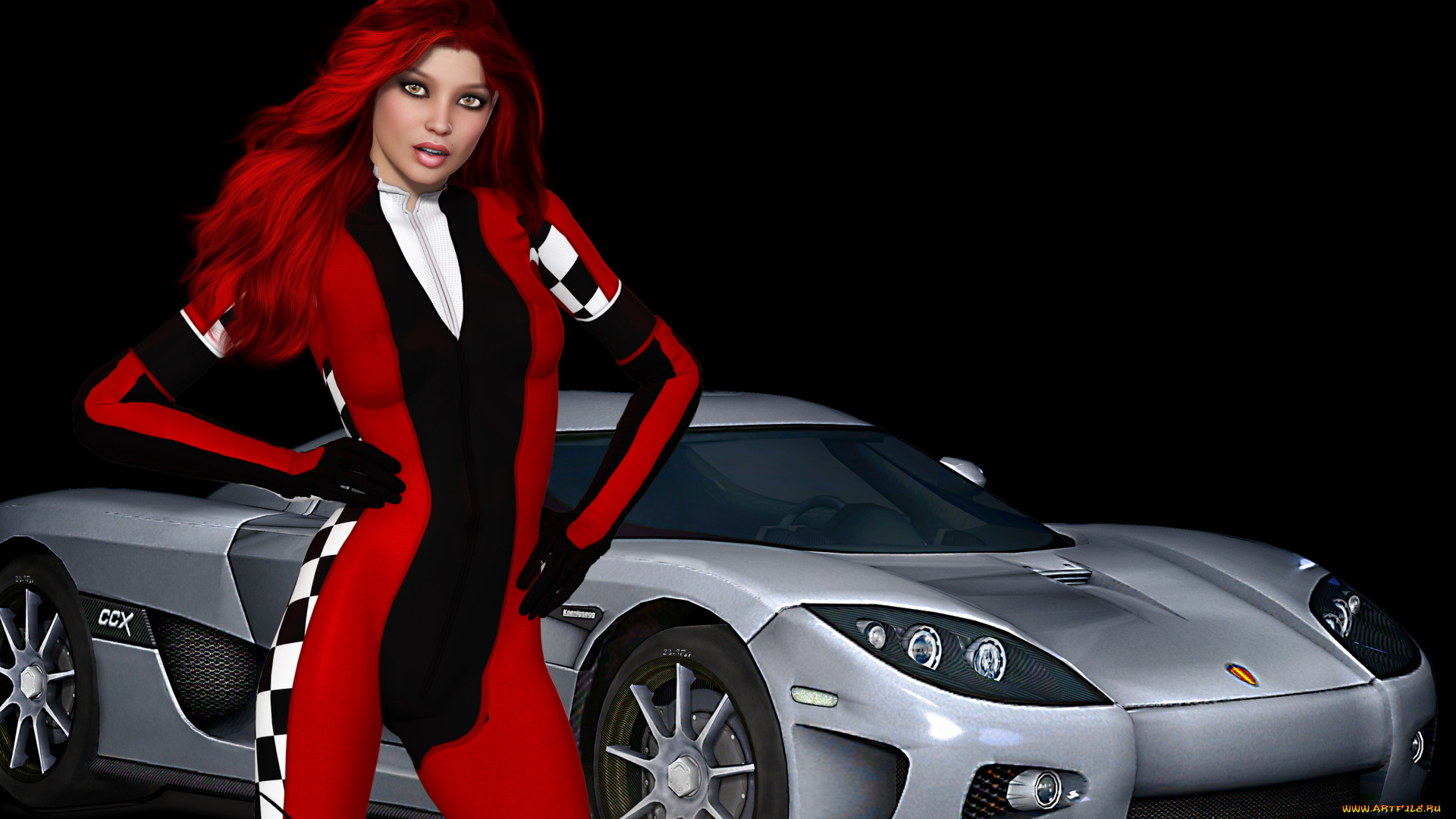 автомобили, 3d, car&girl, девушка, взгляд, фон, автомобиль, рыжая