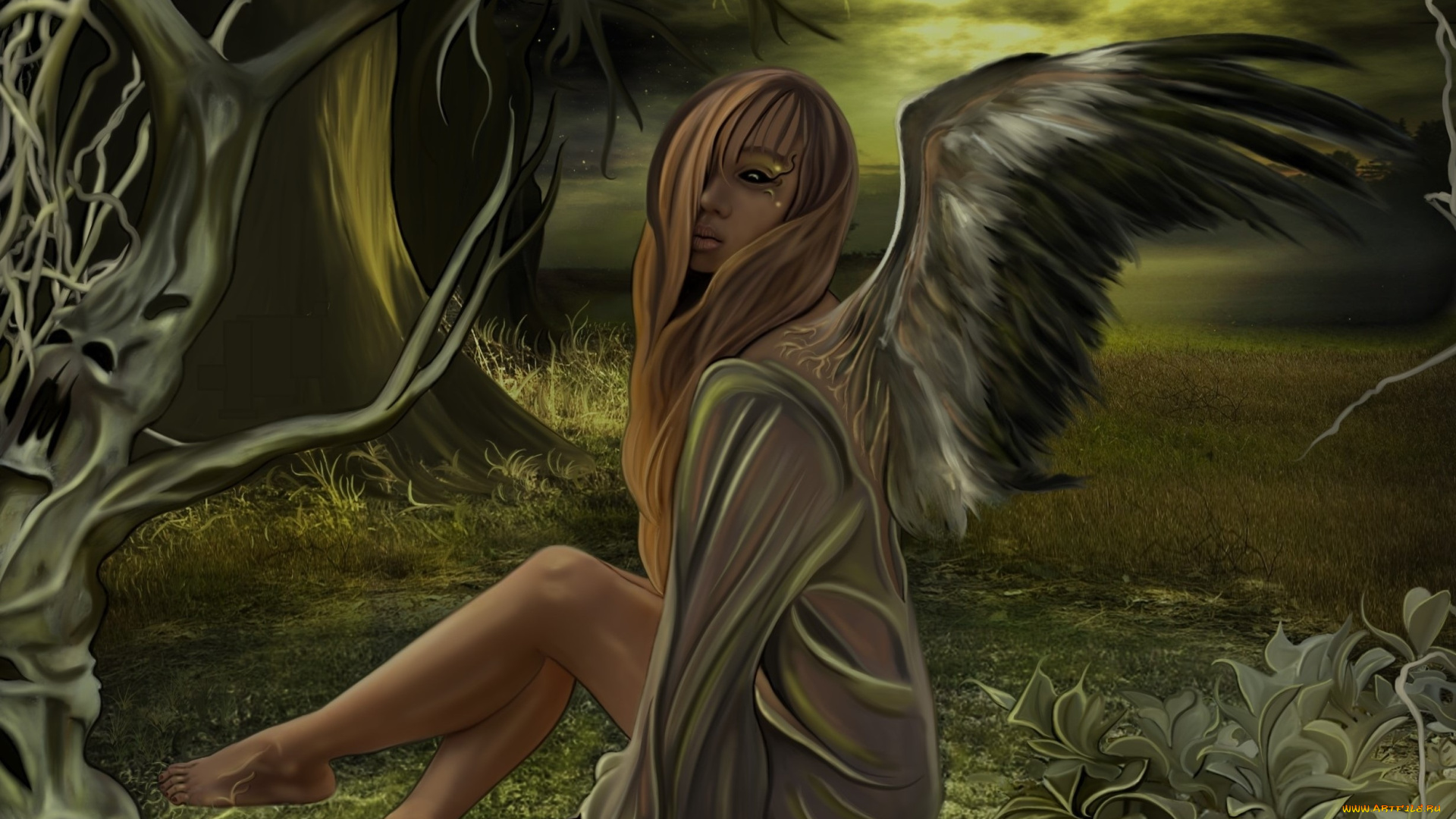 фэнтези, ангелы, девушка, взгляд, фон, лес, крылья, ангел
