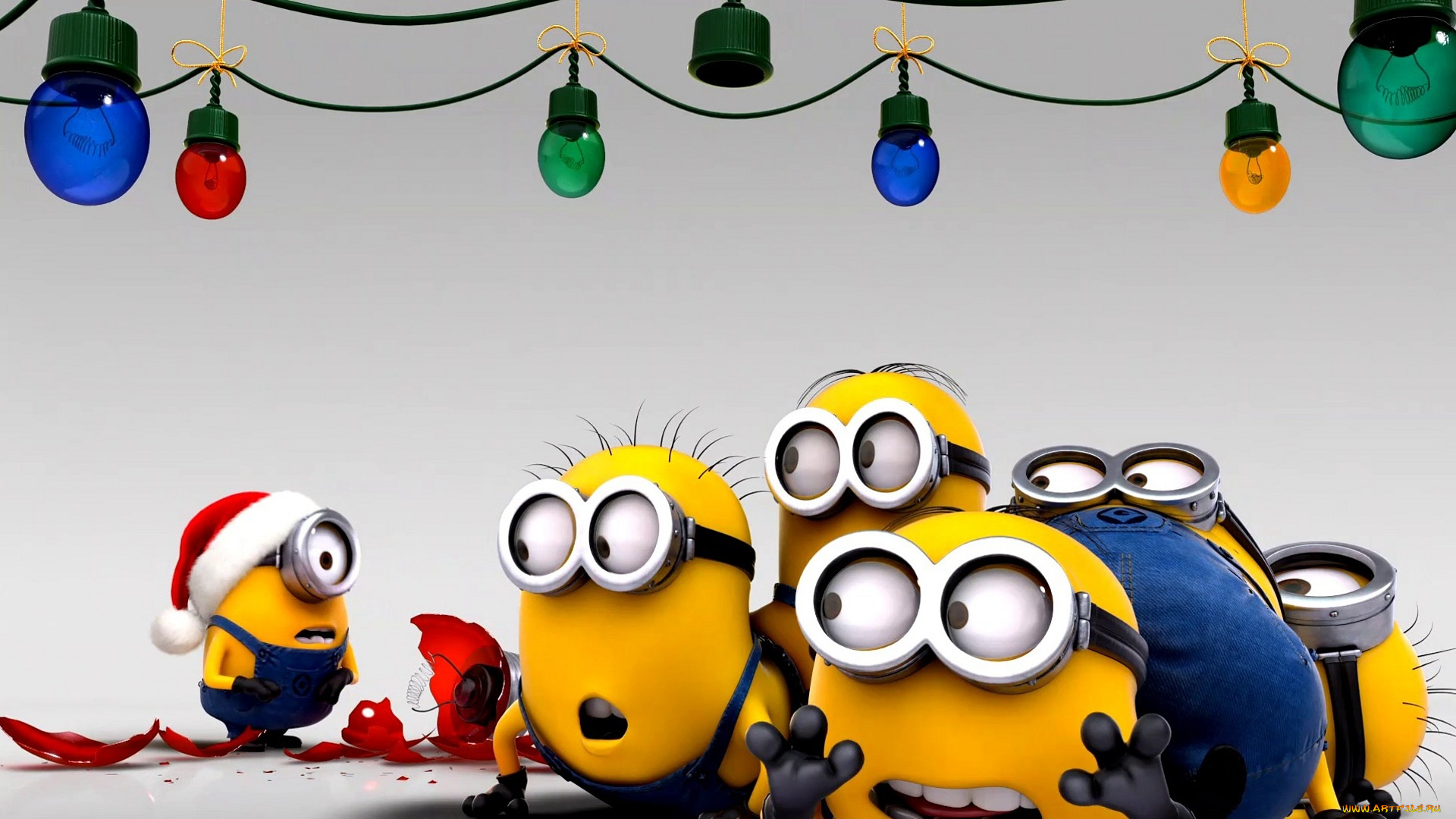 мультфильмы, minions, лампочки, миньоны, гирлянда, шары, очки, комбинезоны