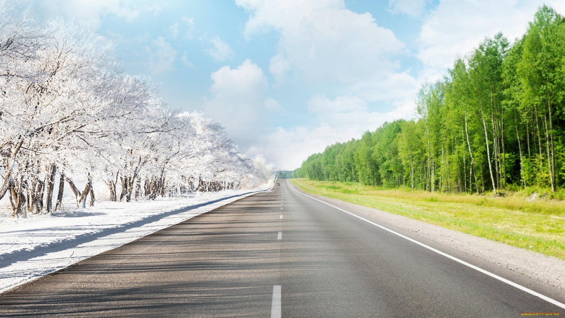 природа, дороги, небо, лето, зима, деревья, разметка, дорога