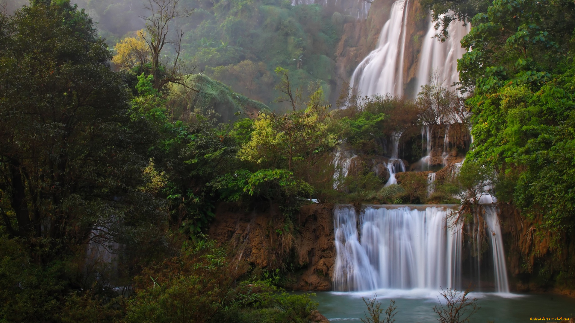 природа, водопады, деревья, листья, джунгли