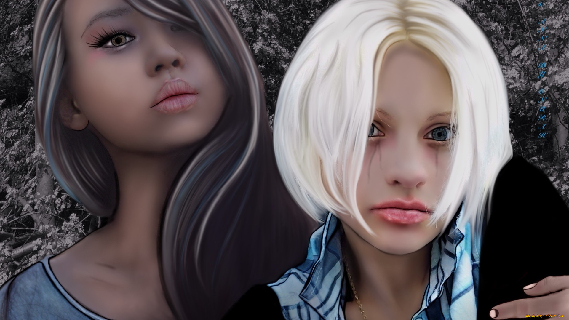 рисованное, люди, фон, взгляд, девушки