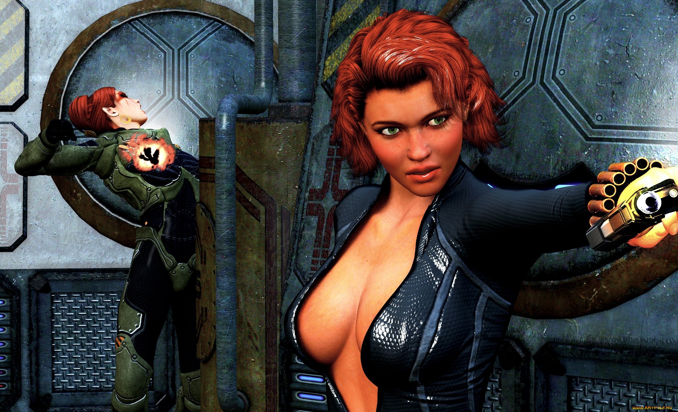 3д, графика, фантазия, , fantasy, фон, взгляд, девушки, рыжая, оружие