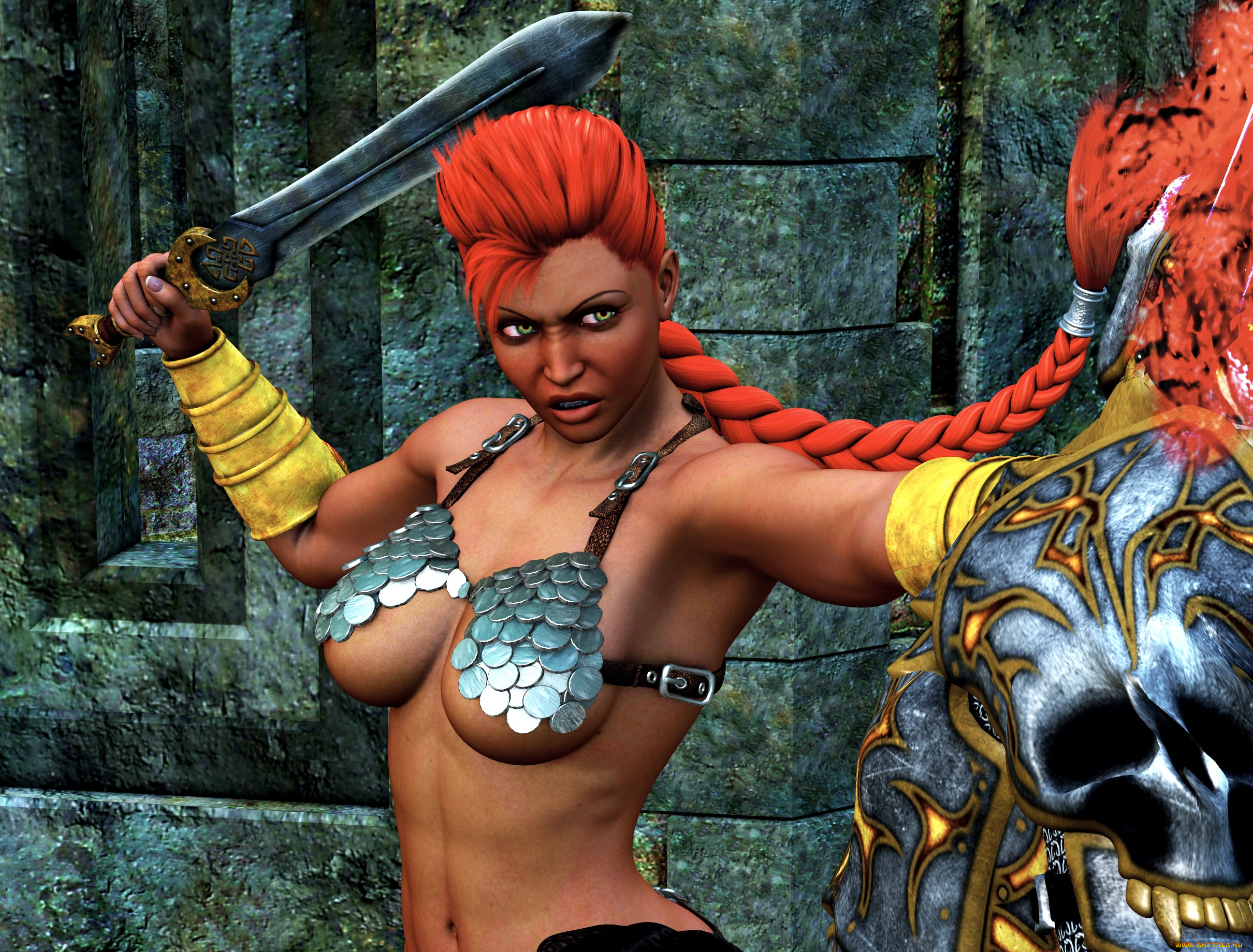 3д, графика, фантазия, , fantasy, взгляд, девушка, фон, существа, косичка, рыжая, оружие