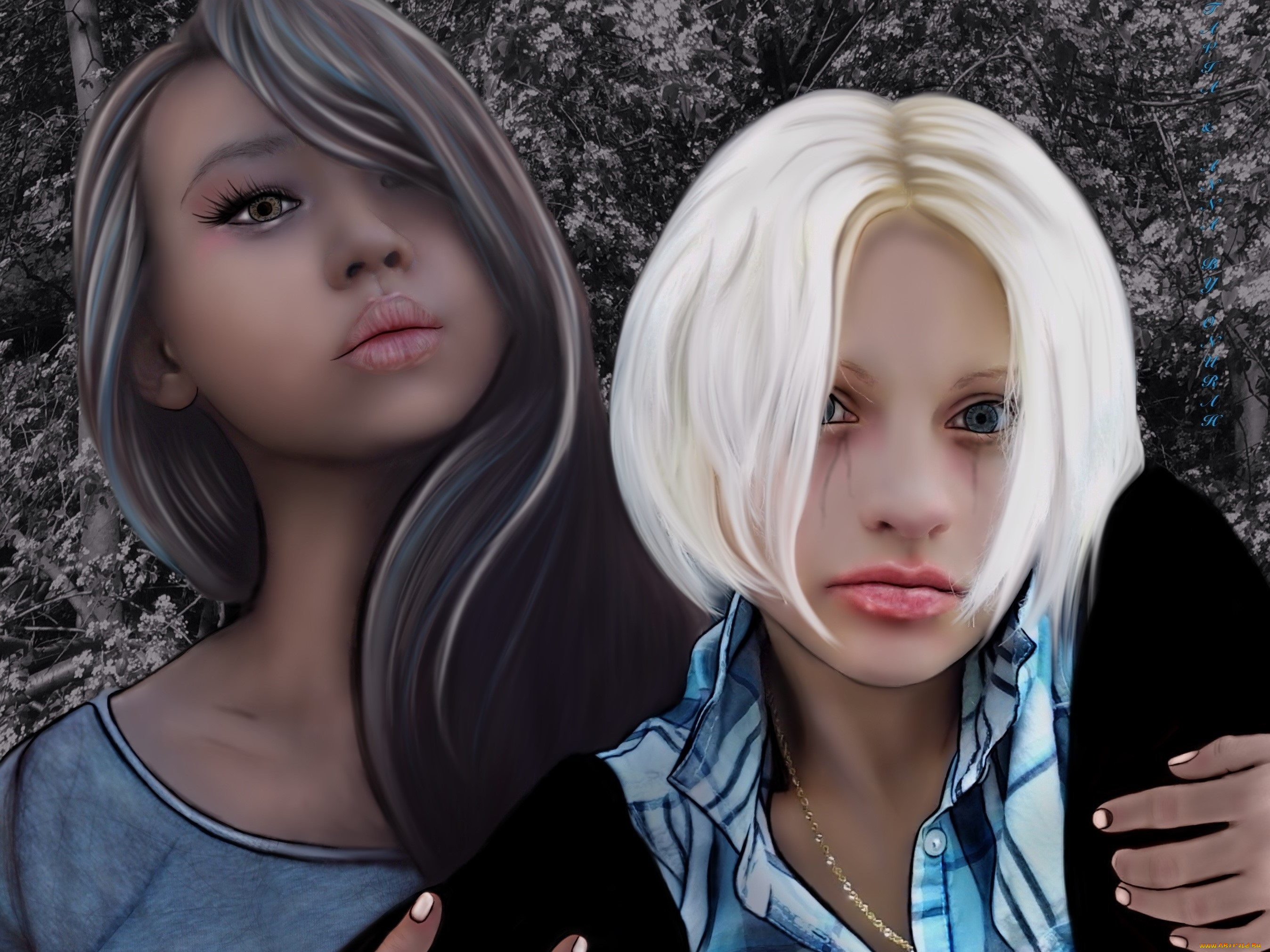 рисованное, люди, фон, взгляд, девушки