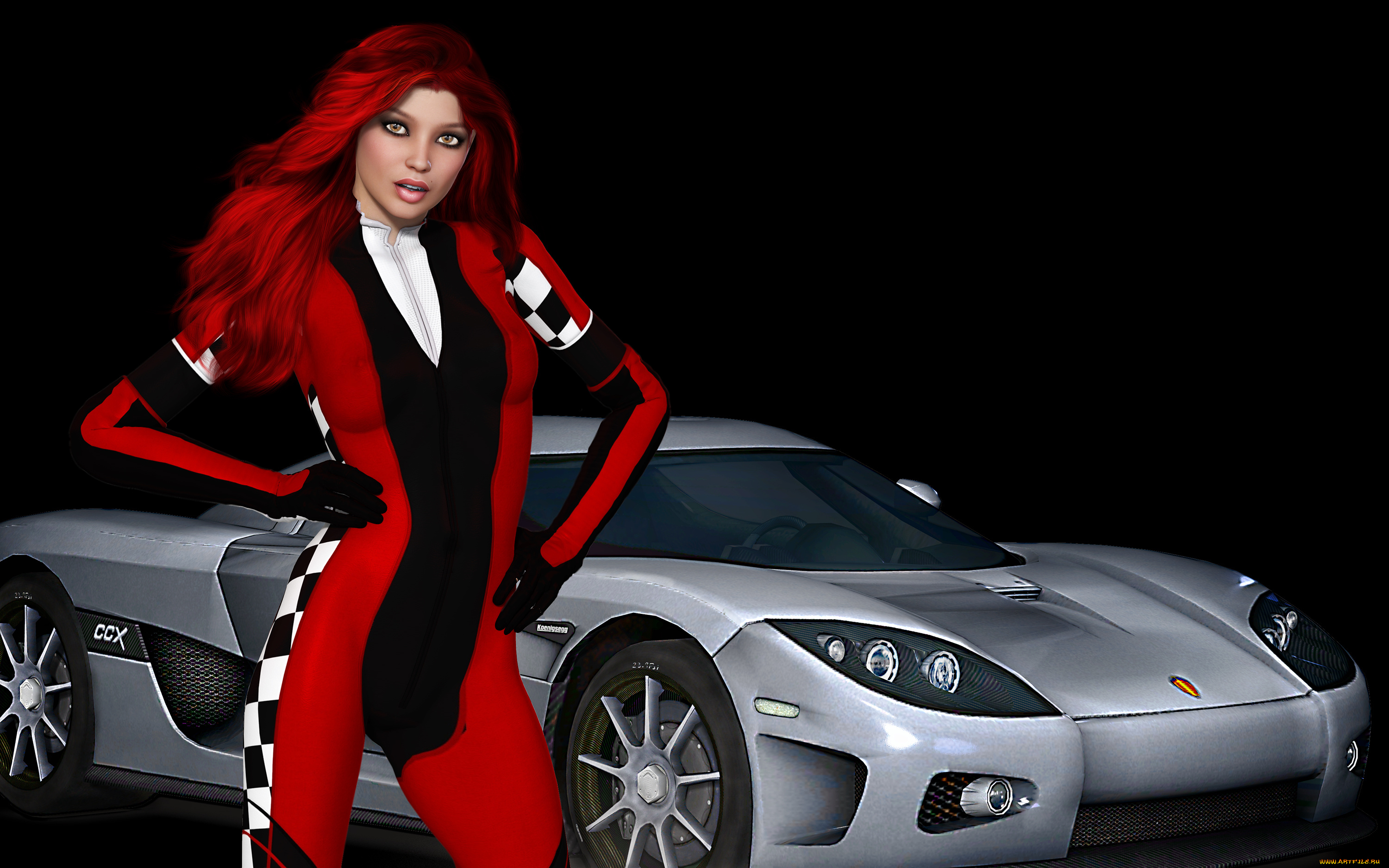 автомобили, 3d, car&girl, девушка, взгляд, фон, автомобиль, рыжая