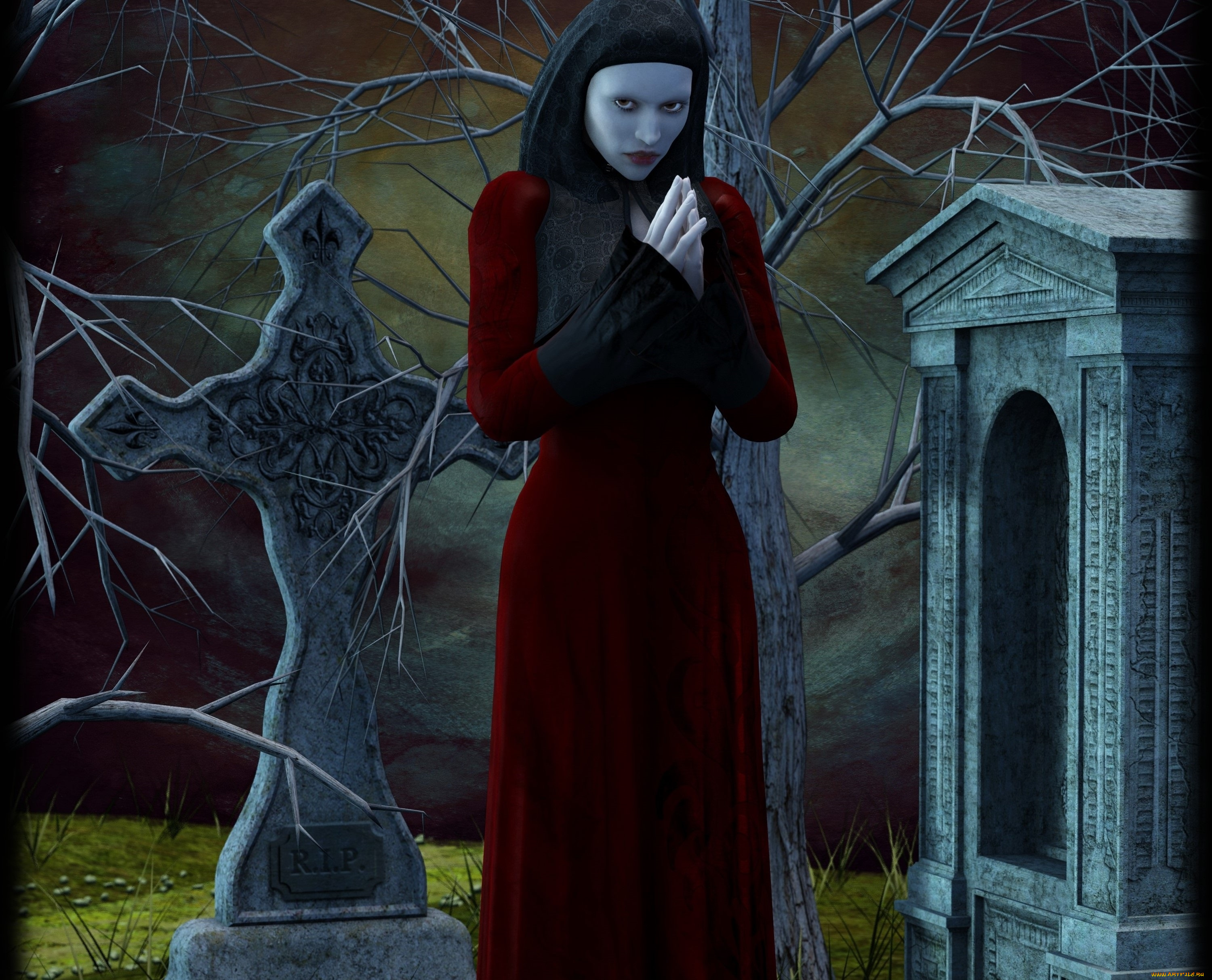 3д, графика, религия, , religion, взгляд, ночь, девушка, кресты