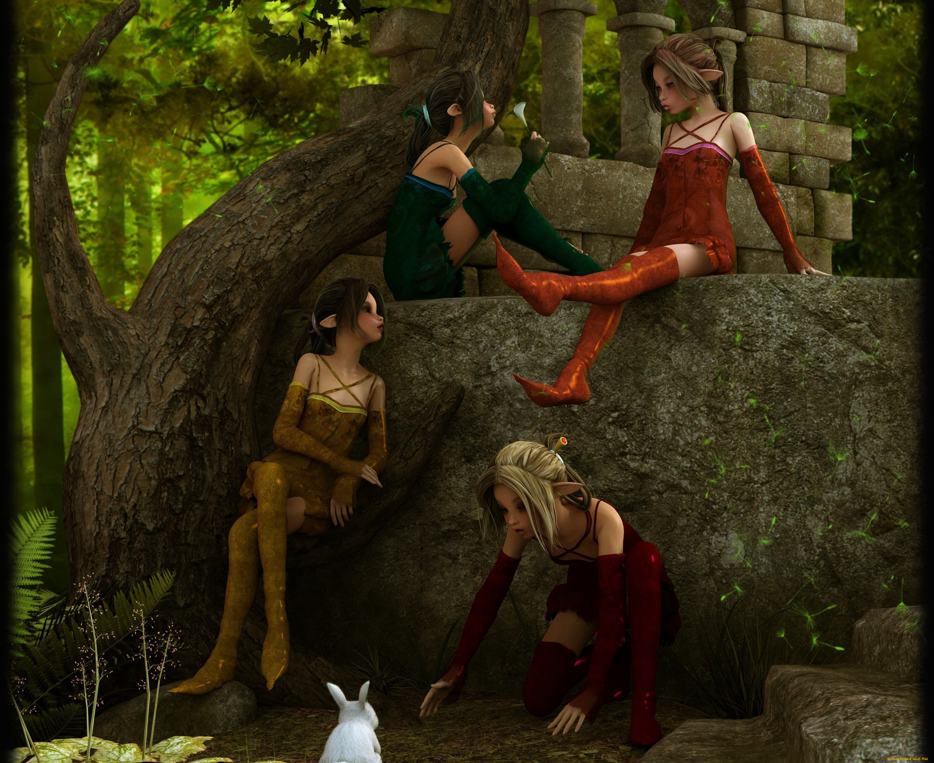 3д, графика, эльфы, , elves, камни, дерево, фон, взгляд, эльфийки, строение
