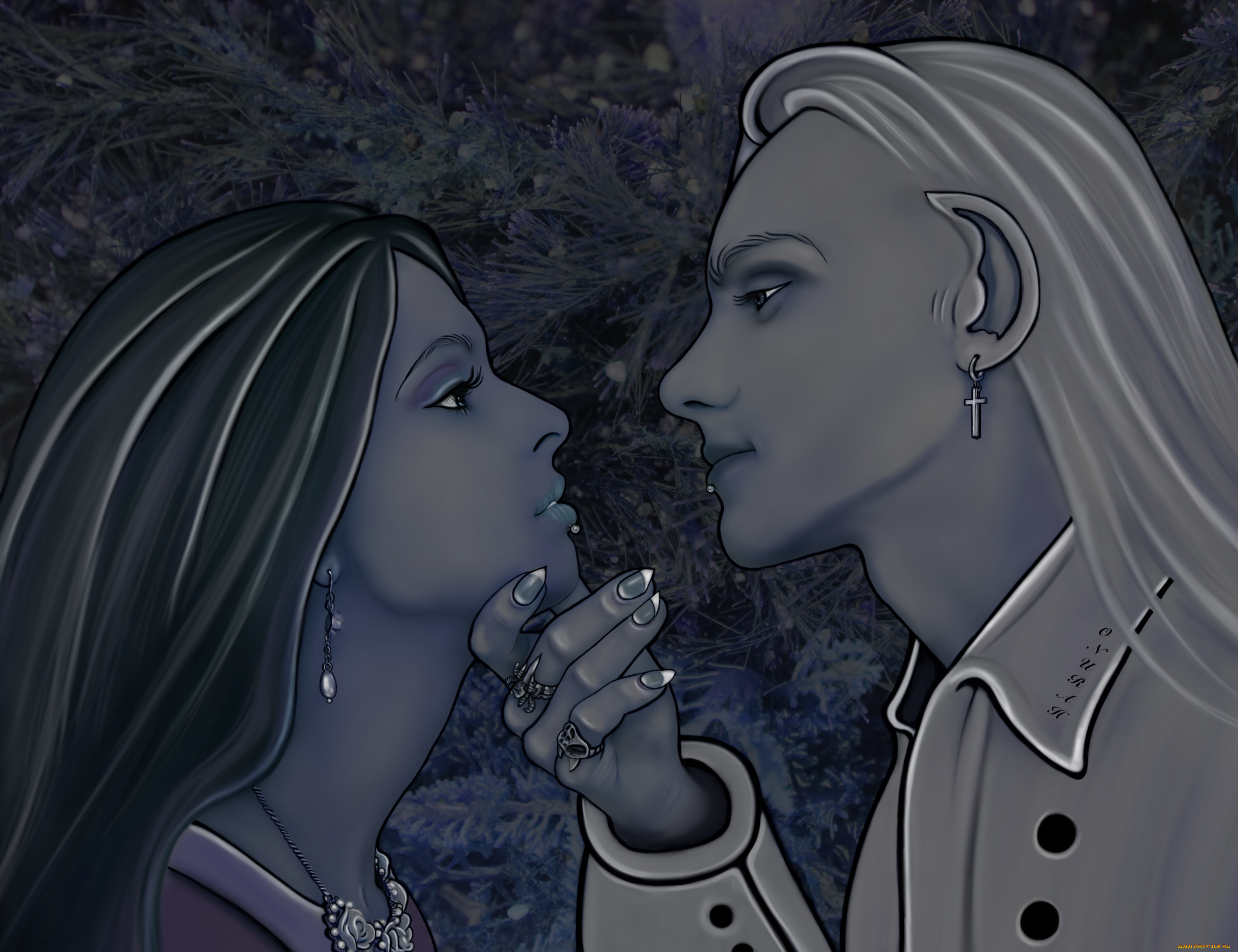 фэнтези, эльфы, девушка, взгляд, фон, мужчина